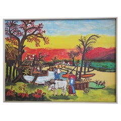 Peinture vibrante de 1970 d'un paysage agricole par Zavagnor - Une célébration de la R