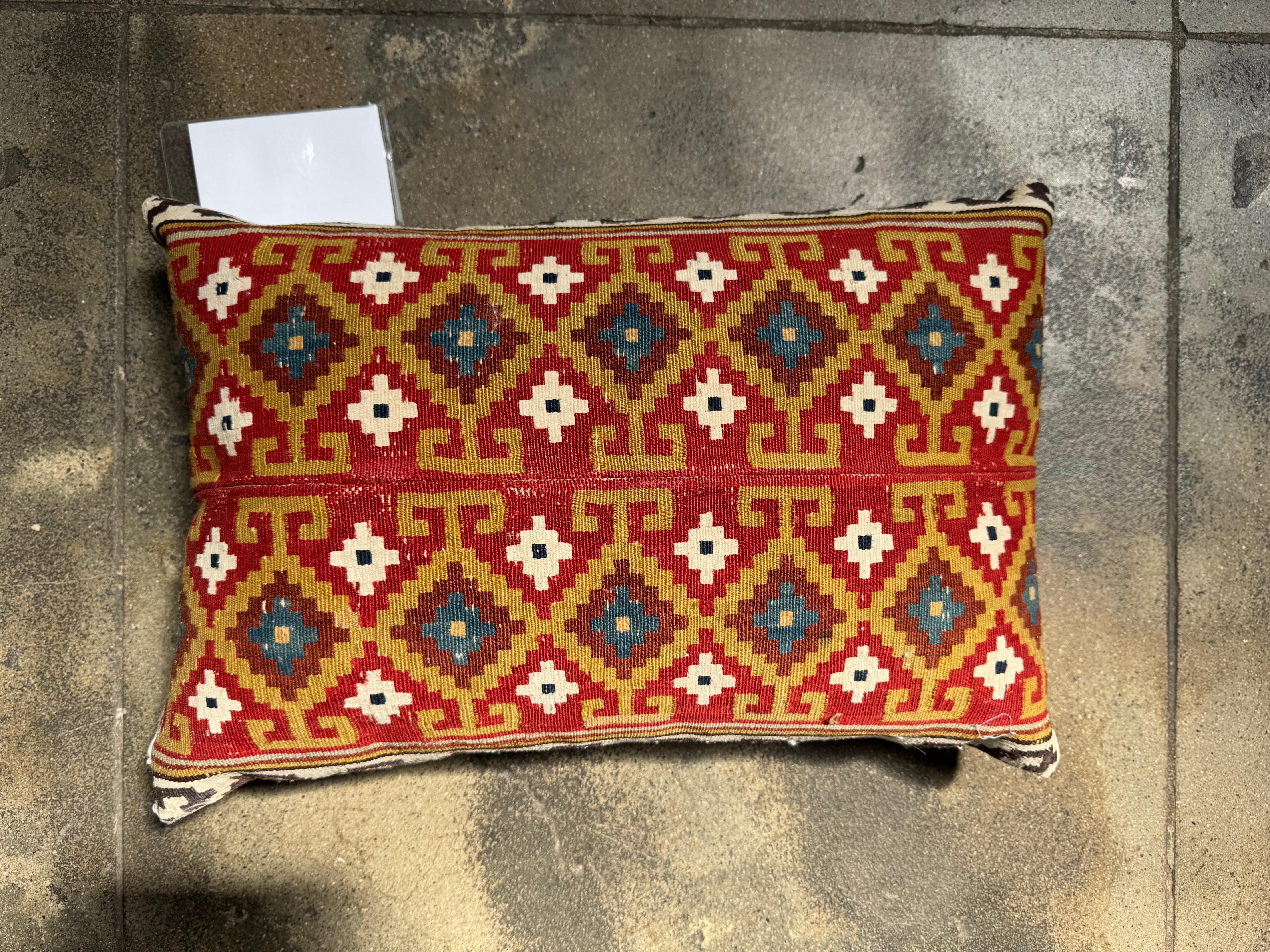 Azerbaijani Vibrant 19th Century Caucasian Kilim Pillow – 15” x 8” For Sale