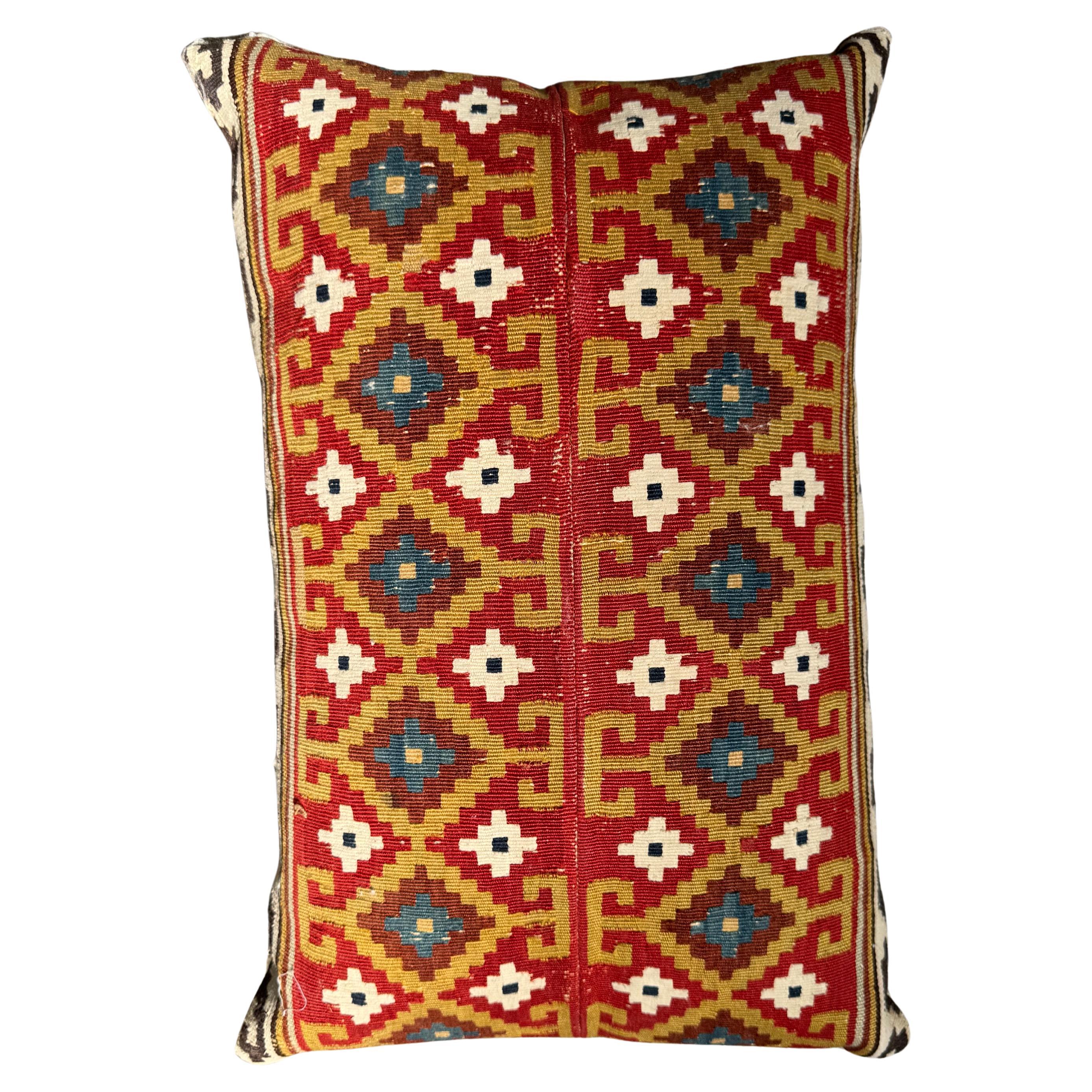 Vibrant 19th Century Caucasian Kilim Pillow – 15” x 8”
