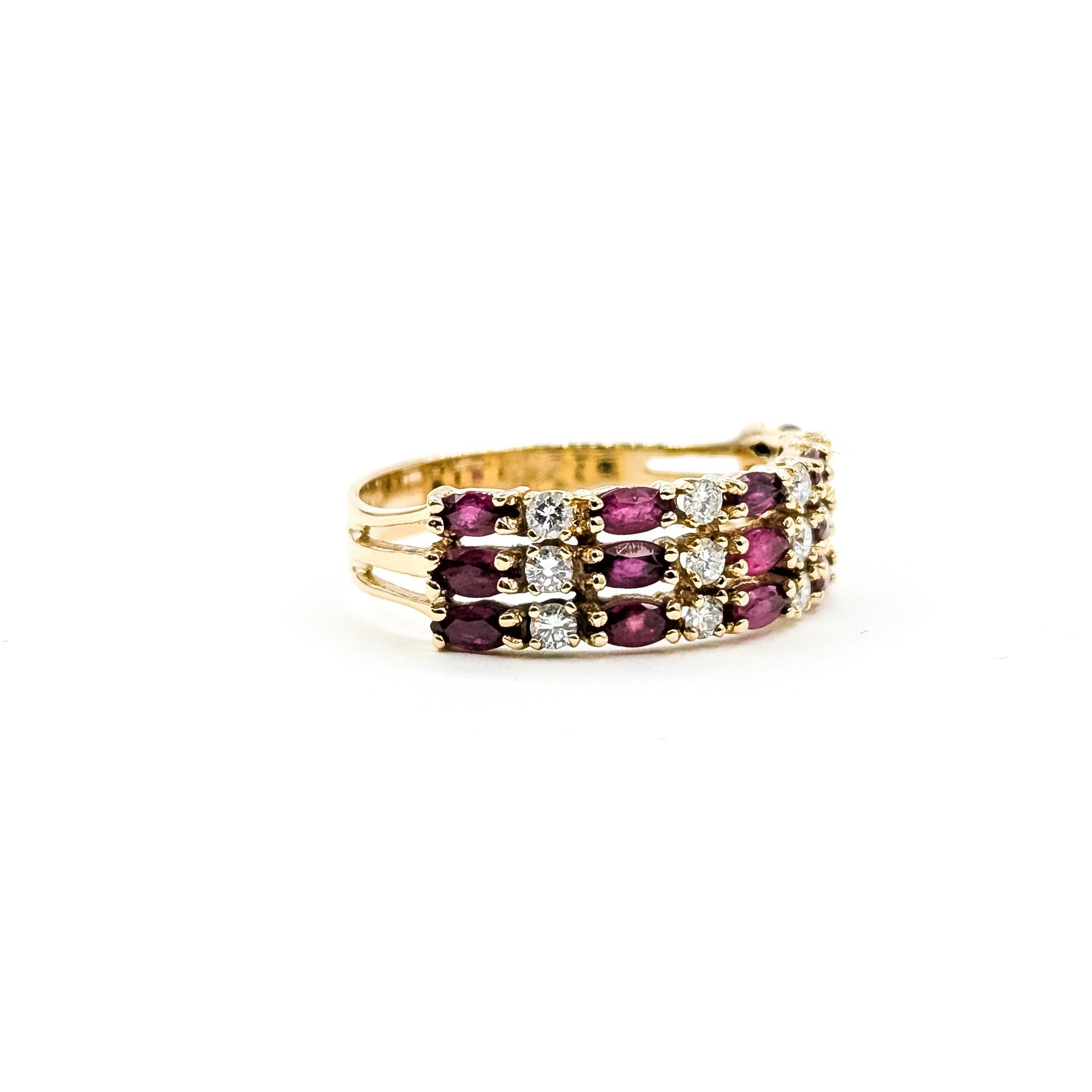 Vibrant 3-Row Ruby 
Diamond Ring in 14k

This ring is crafted in 14k yellow gold and features prong-set red rubies arranged in a classic 3-row layout. The rubies total approximately 1.0ctw and display a rich, saturated tone. Alternating between