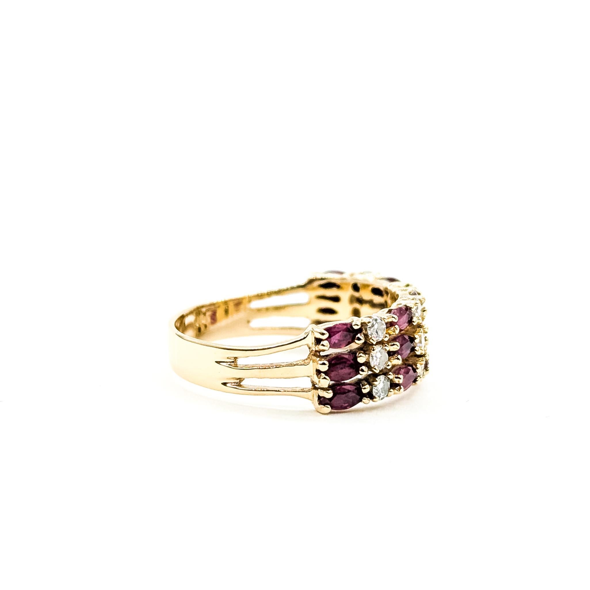Vibrant 3-Row Ruby & Diamond Ring in 14k For Sale 1