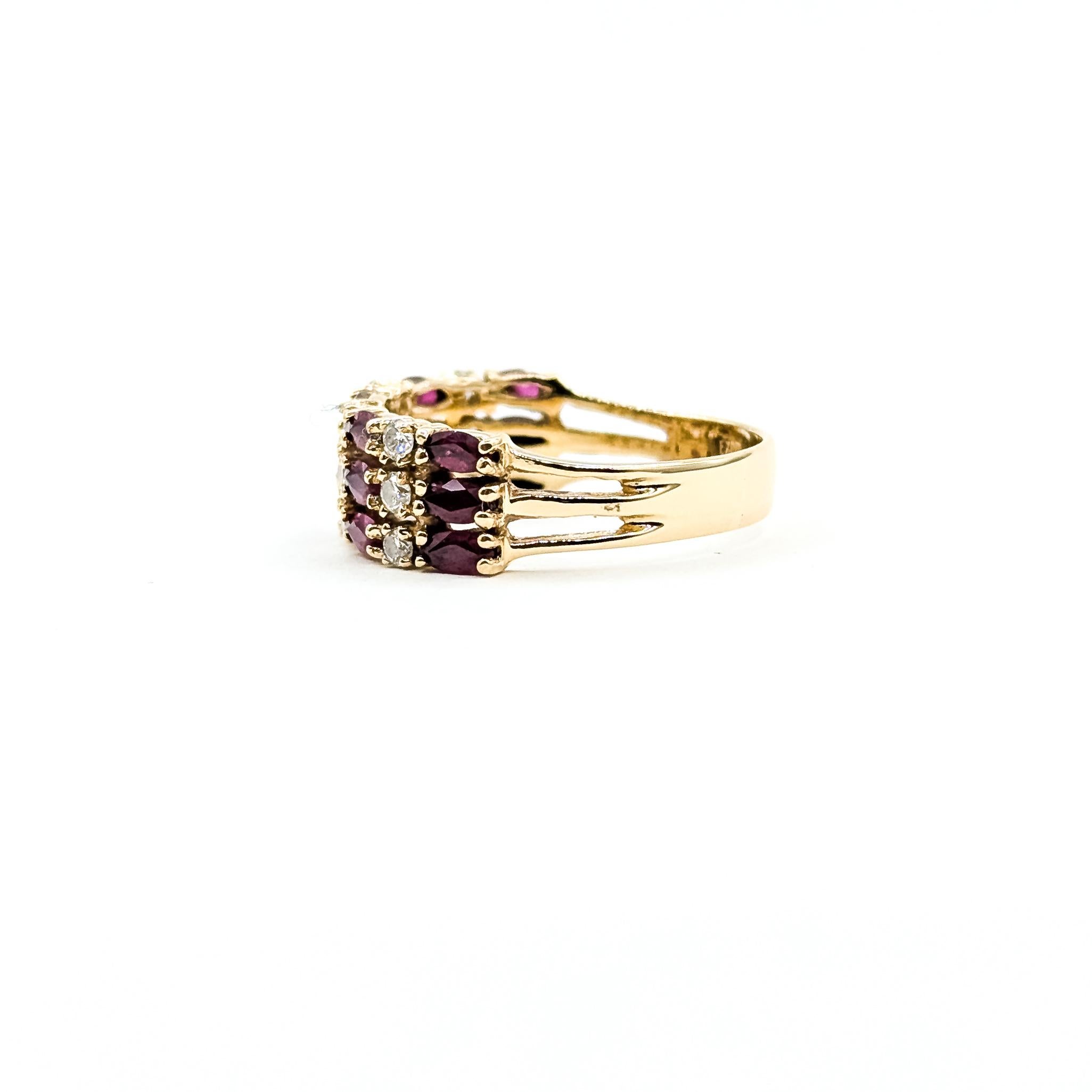 Vibrant 3-Row Ruby & Diamond Ring in 14k For Sale 3