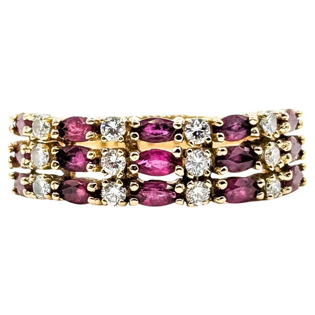 Vibrant 3-Row Ruby 
Diamond Ring in 14k