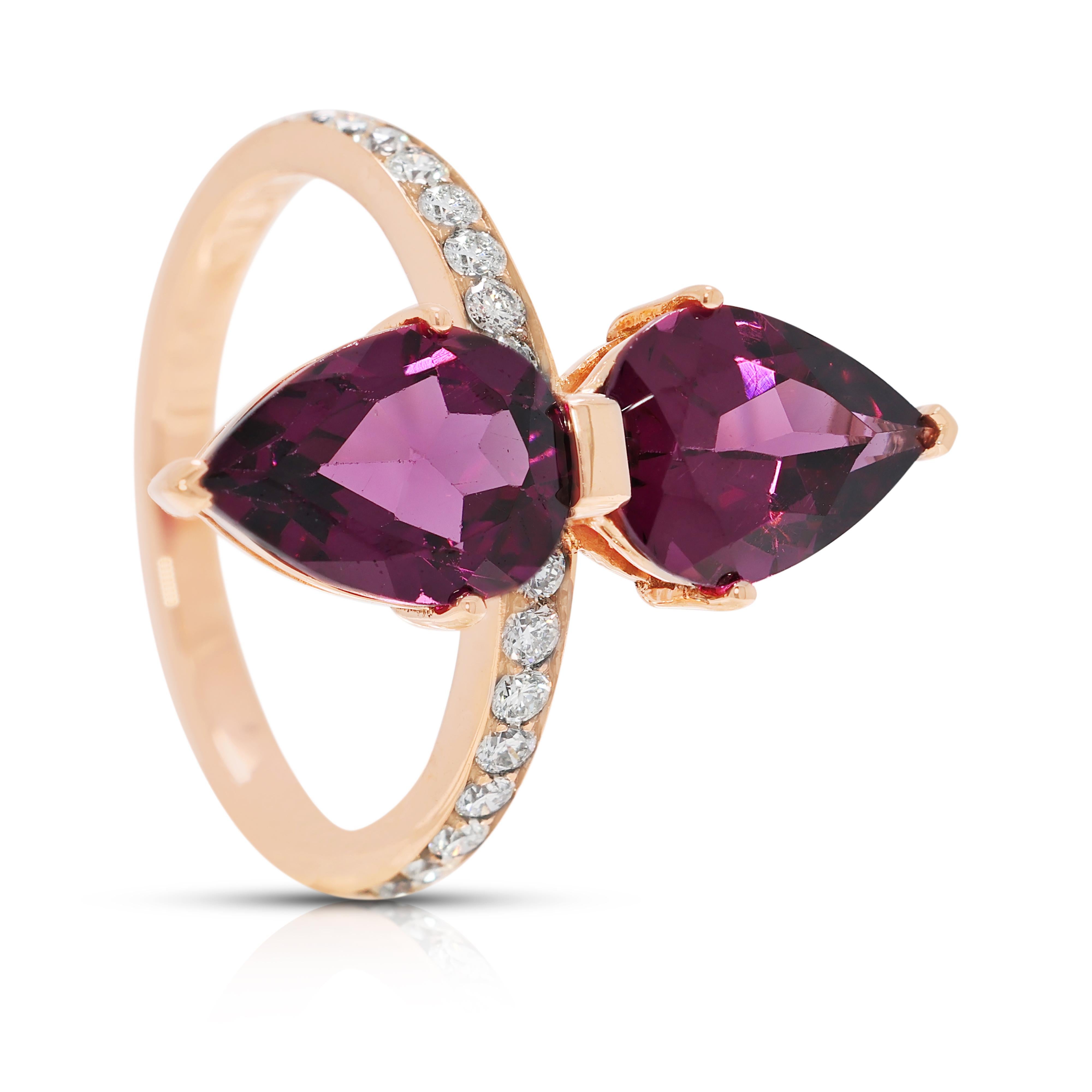Taille poire Bague double poire en or rose 14K avec tourmaline violette et diamant de 3,10ct en vente
