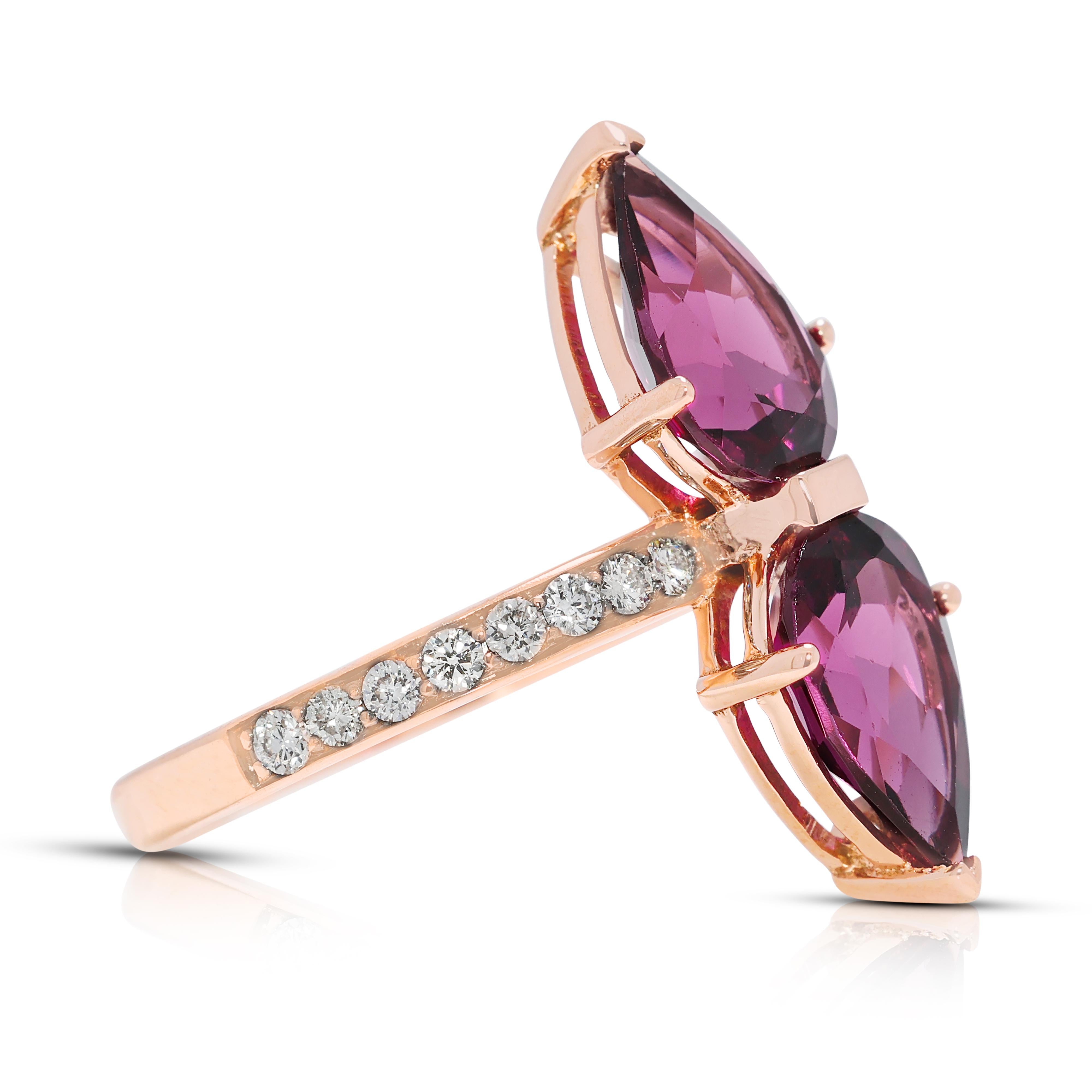 Bague double poire en or rose 14K avec tourmaline violette et diamant de 3,10ct Excellent état - En vente à רמת גן, IL