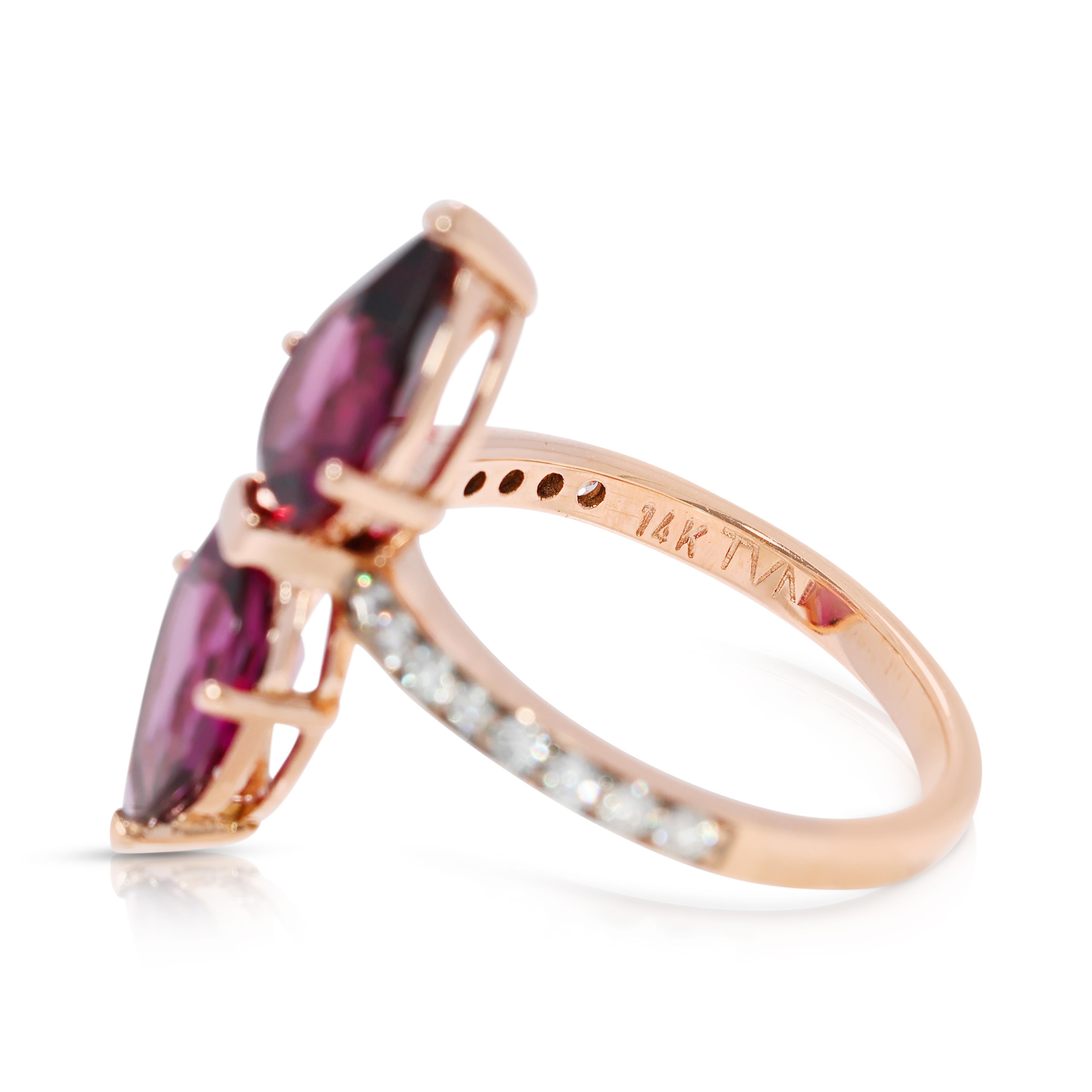 Bague double poire en or rose 14K avec tourmaline violette et diamant de 3,10ct Pour femmes en vente
