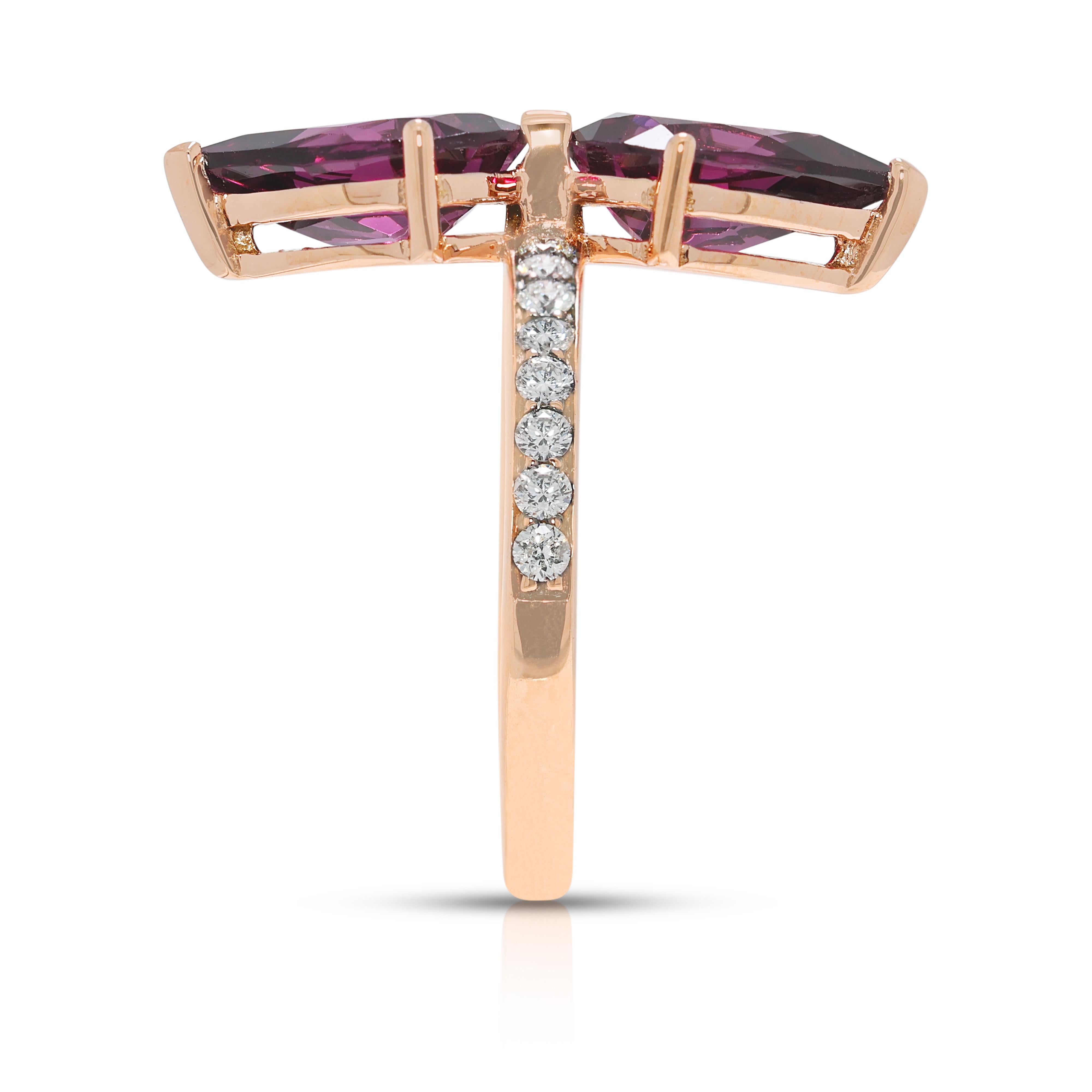 Bague double poire en or rose 14K avec tourmaline violette et diamant de 3,10ct en vente 1