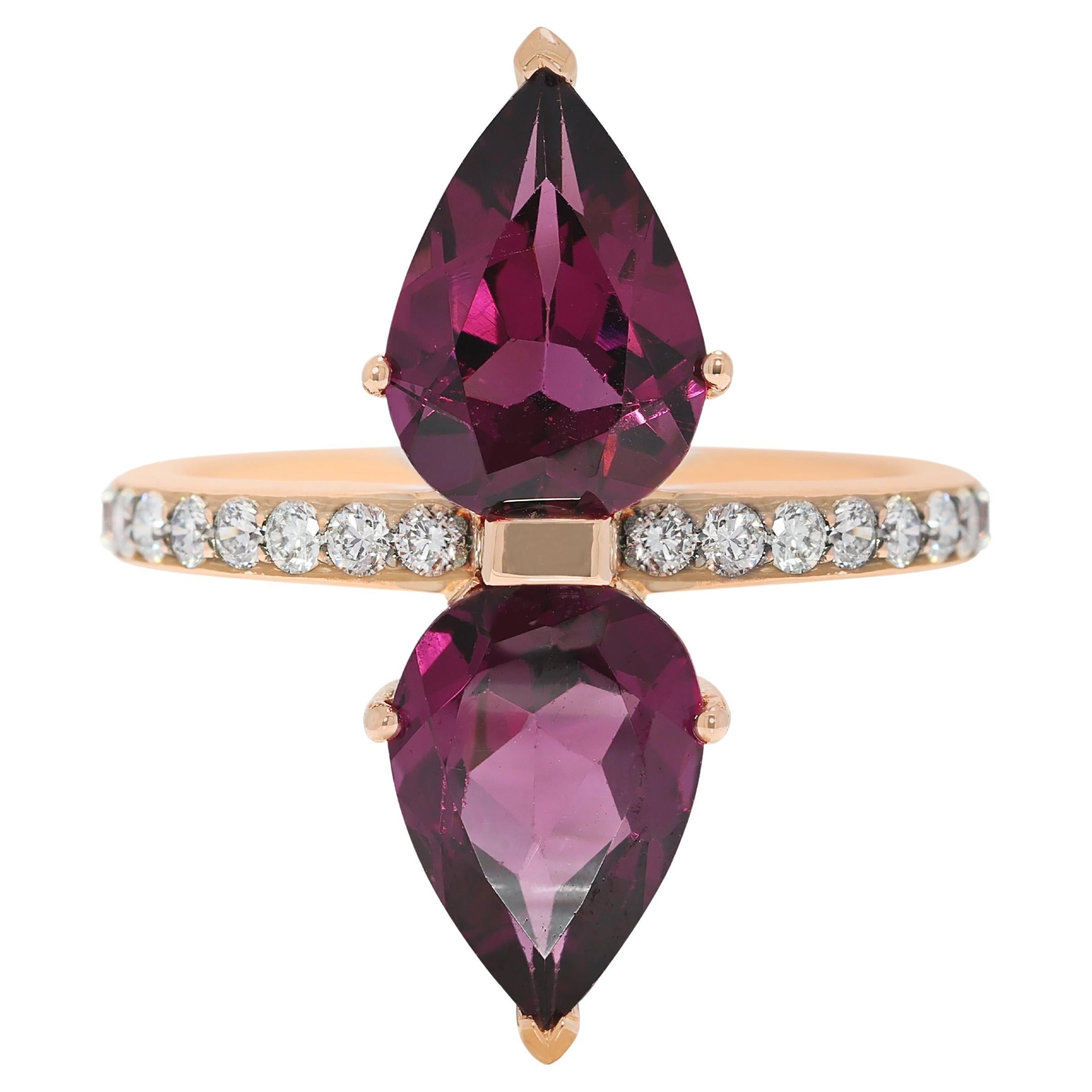 Bague double poire en or rose 14K avec tourmaline violette et diamant de 3,10ct