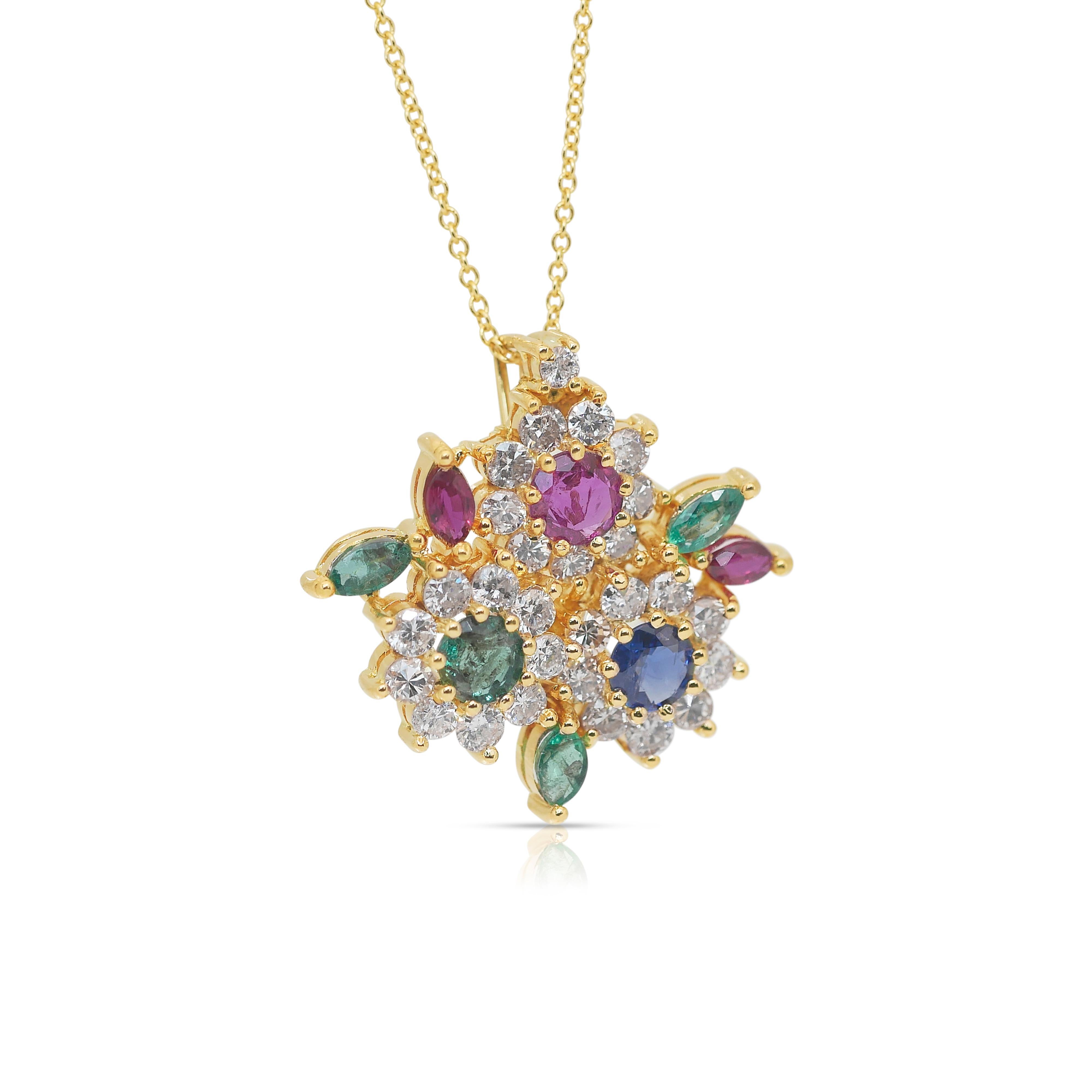 Round Cut Vibrant 3.50ct Rubies, Emeralds, Sapphire, and Diamonds Necklace - IGI Certified
