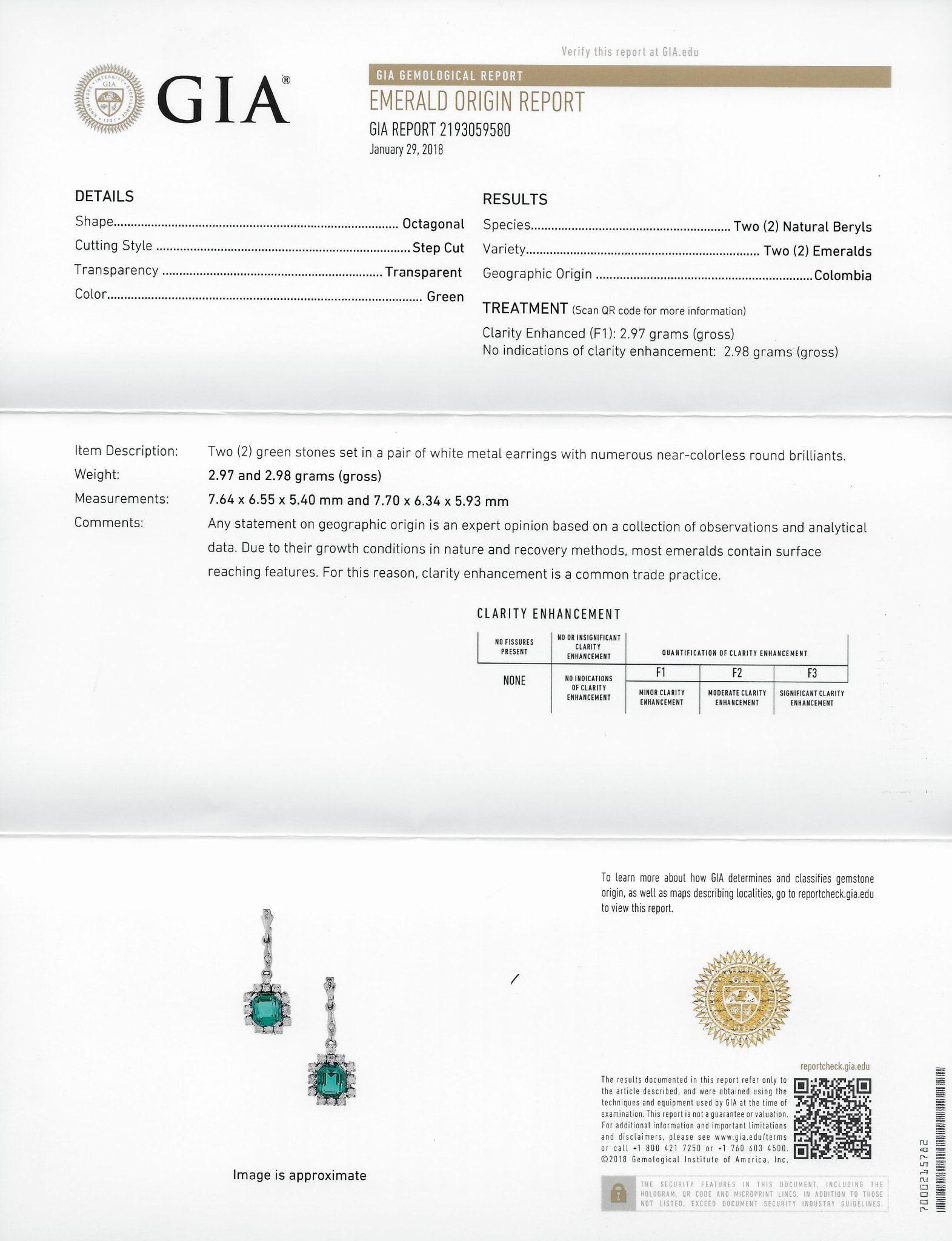 Vibrant 3.96 Carats Colombian Emerald Diamond 18 Karat Gold Cluster Earrings GIA 2