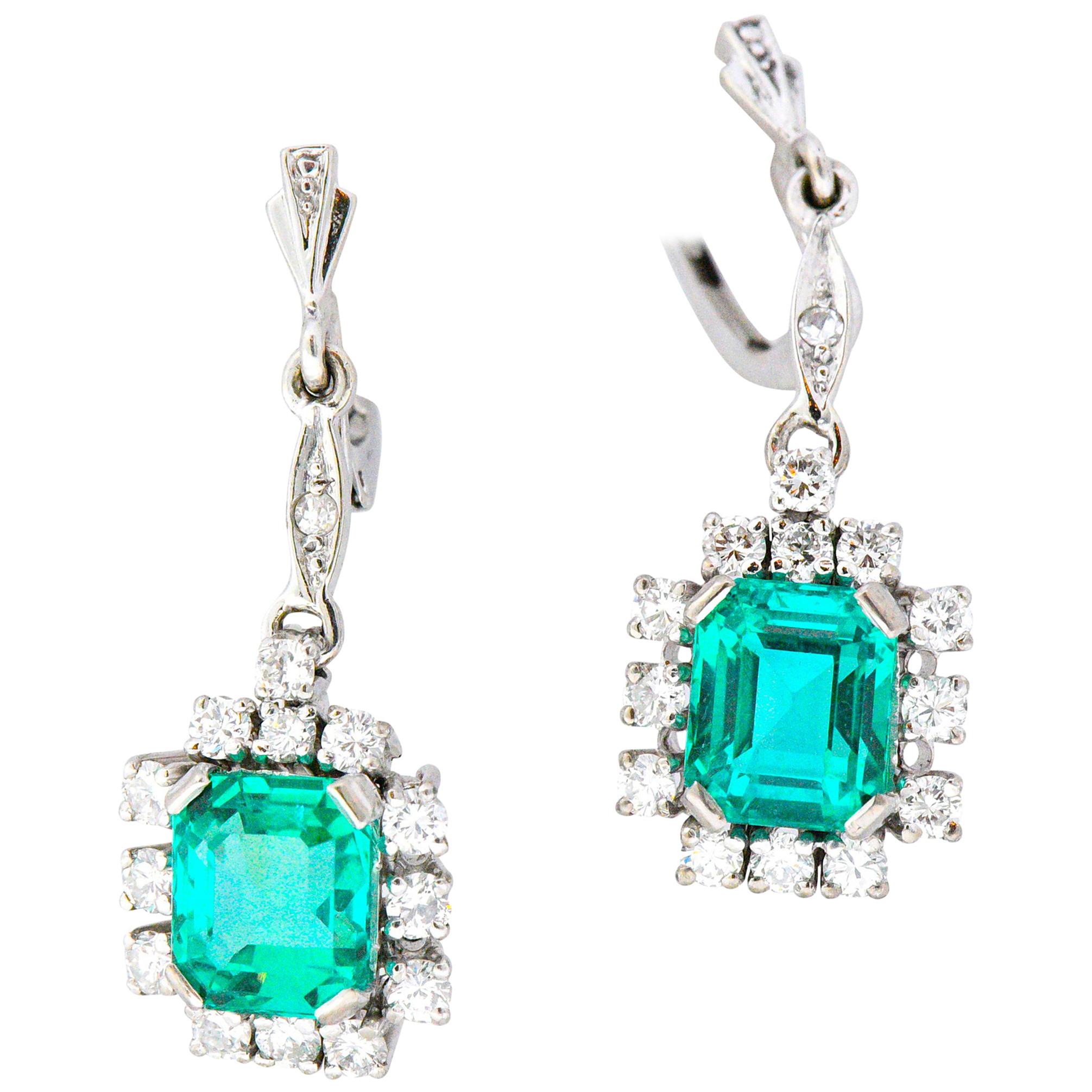 Vibrant 3.96 Carats Colombian Emerald Diamond 18 Karat Gold Cluster Earrings GIA