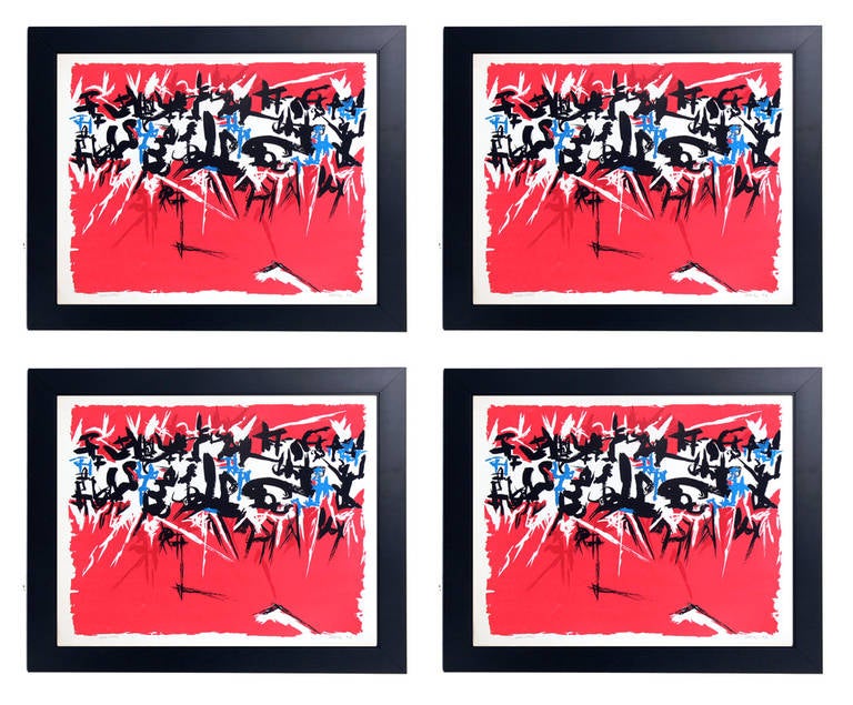 Vibrant abstract color Lithograph #2 by Angelo Savelli, Italian, 1991-1995. Color lithograph executed on thick paper. Pencil signed and numbered by the artist. Framed in a simple, clean lined black lacquered wooden gallery frame. We have four