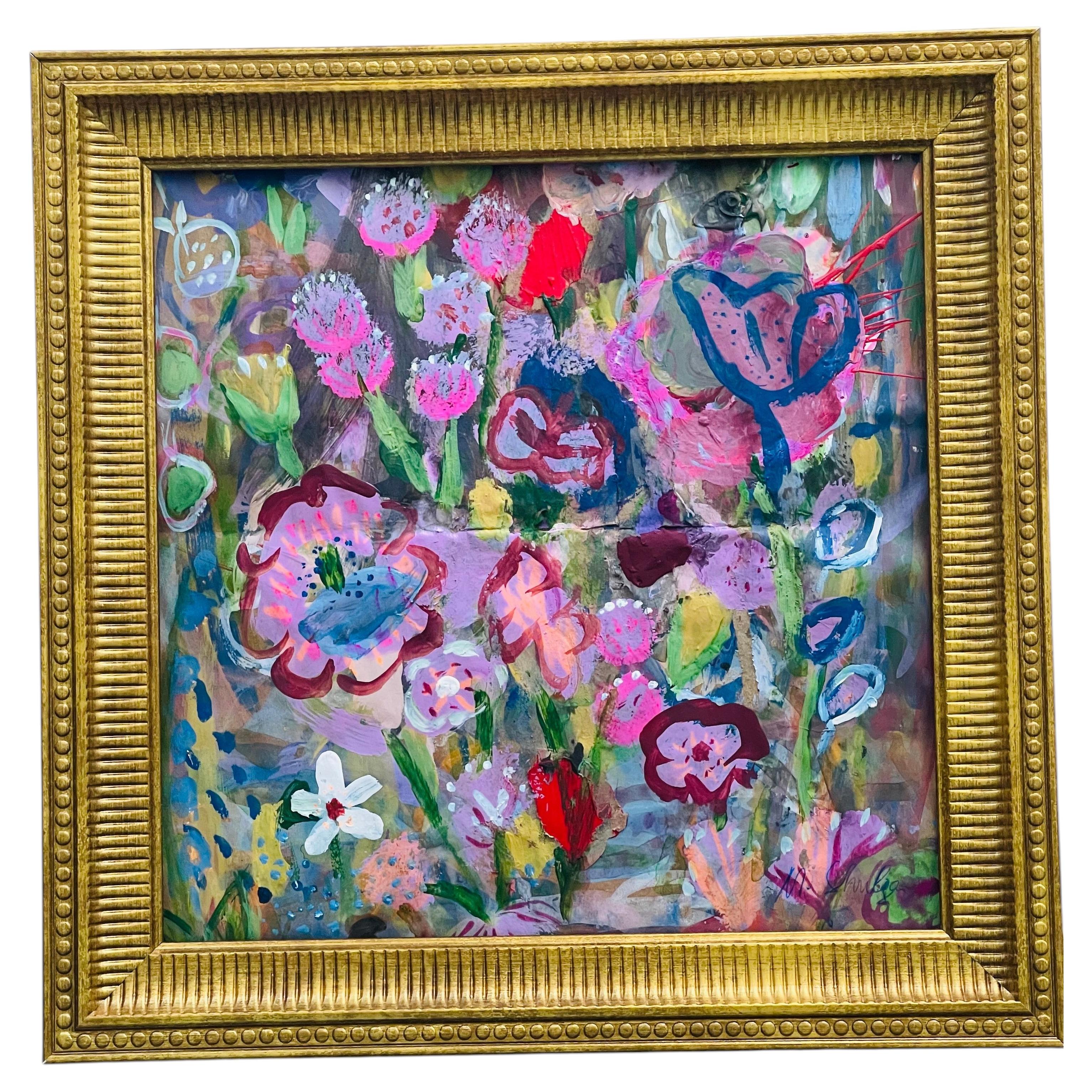 Vibrant Abstract Floral Painting on Paper Framed