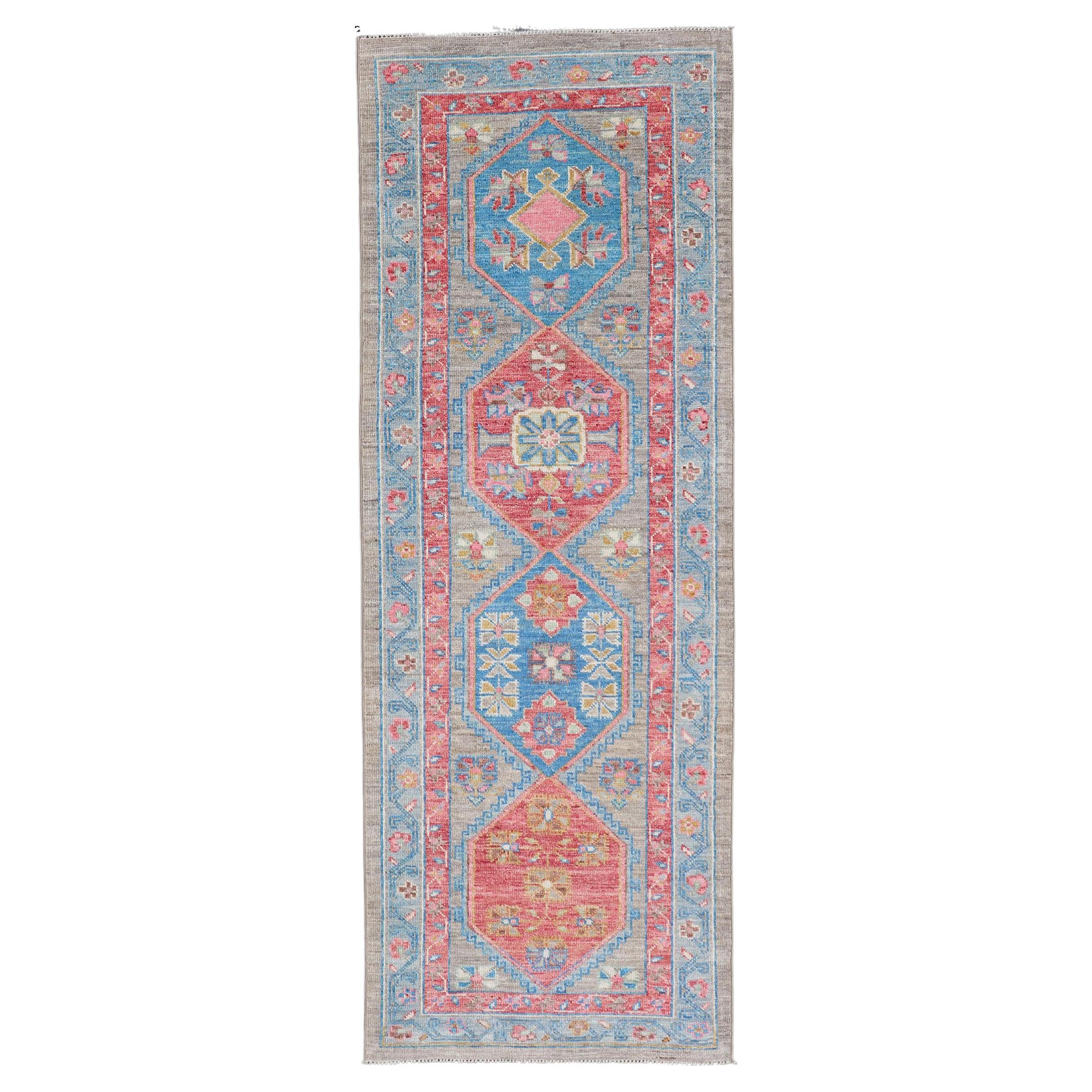 Anatolian Oushak Short Runner with Geometric Design with Fine Weave