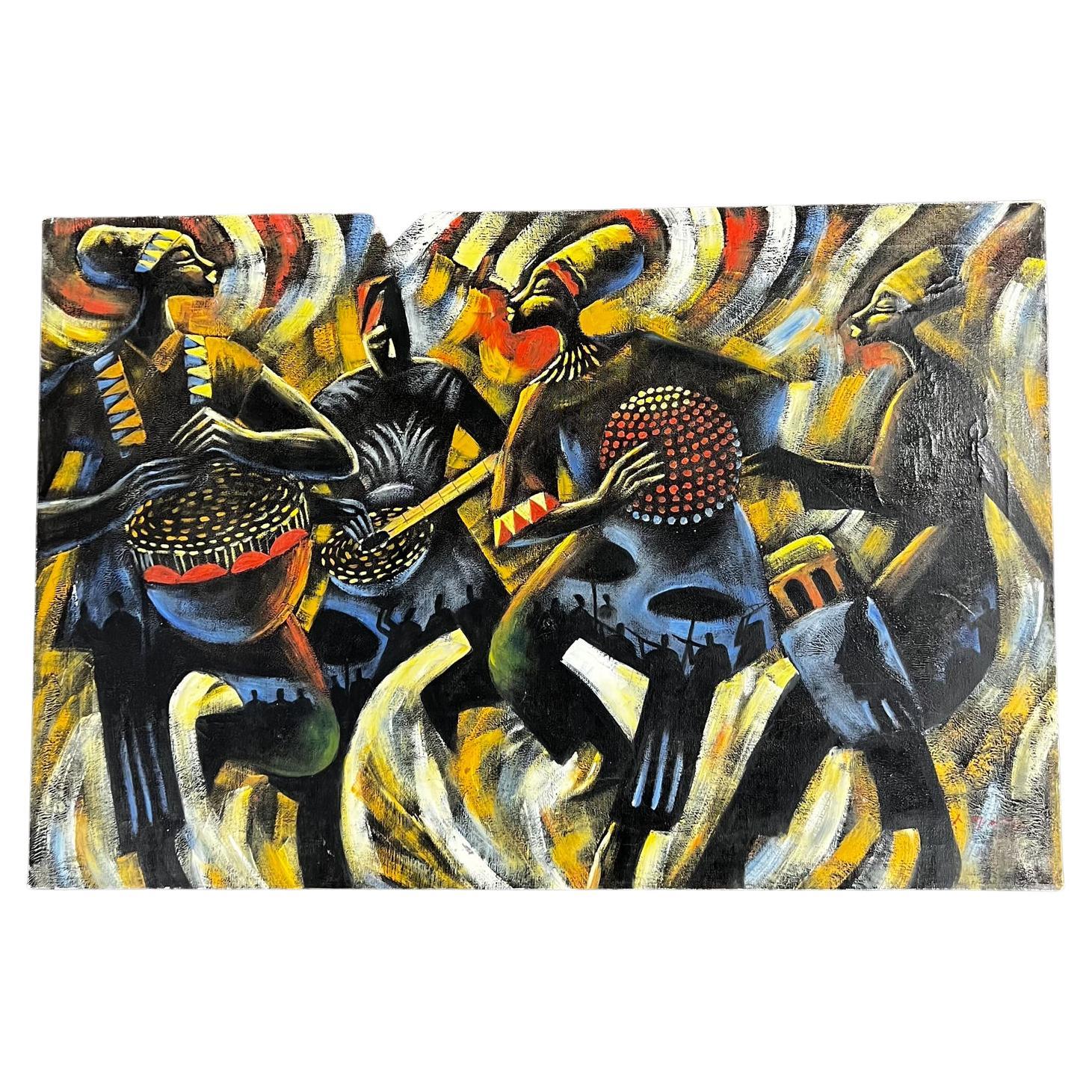 Vibrant African Musicians Artwork Oil on Canvas Signed