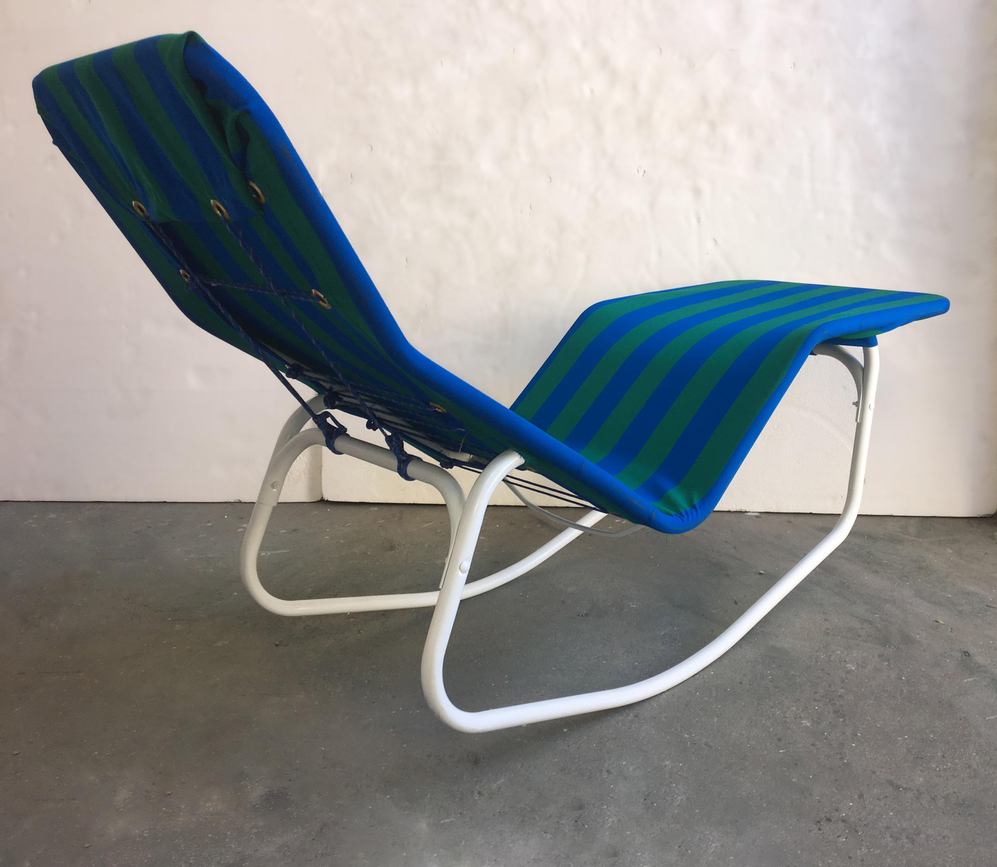 Colorful, 2 positions pair of chaises with a white painted aluminum frame and newly upholstered in striped blue and green outdoor fabric.