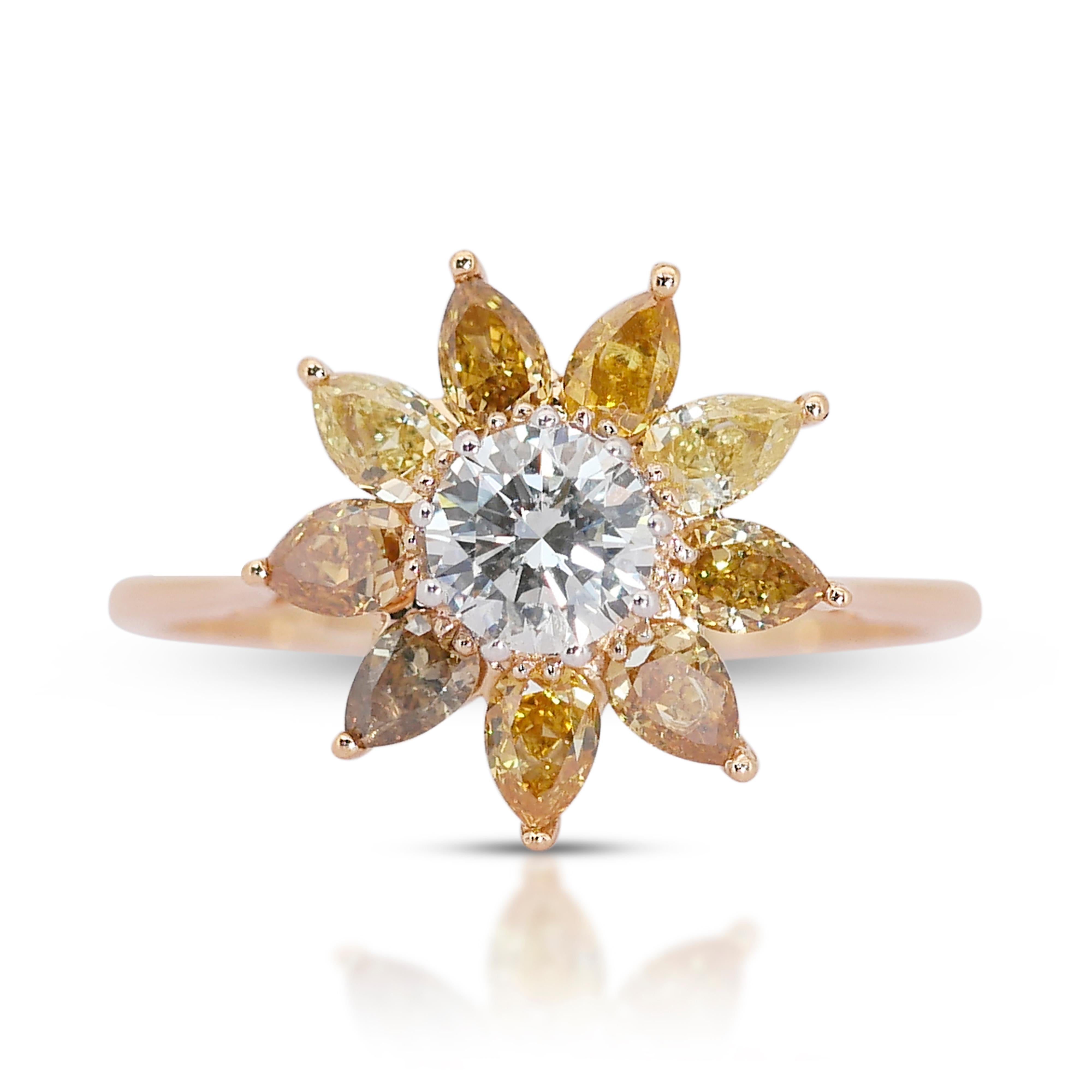 Vibrant  and one-of-a-kind 1.85 ct Fancy Colored Diamond Ring in 18k Yellow Gold - IGI Certified

Crafted in 18k yellow gold, this fancy-colored diamond ring showcases a magnificent 0.50-carat round diamond at its center. Surrounding this central
