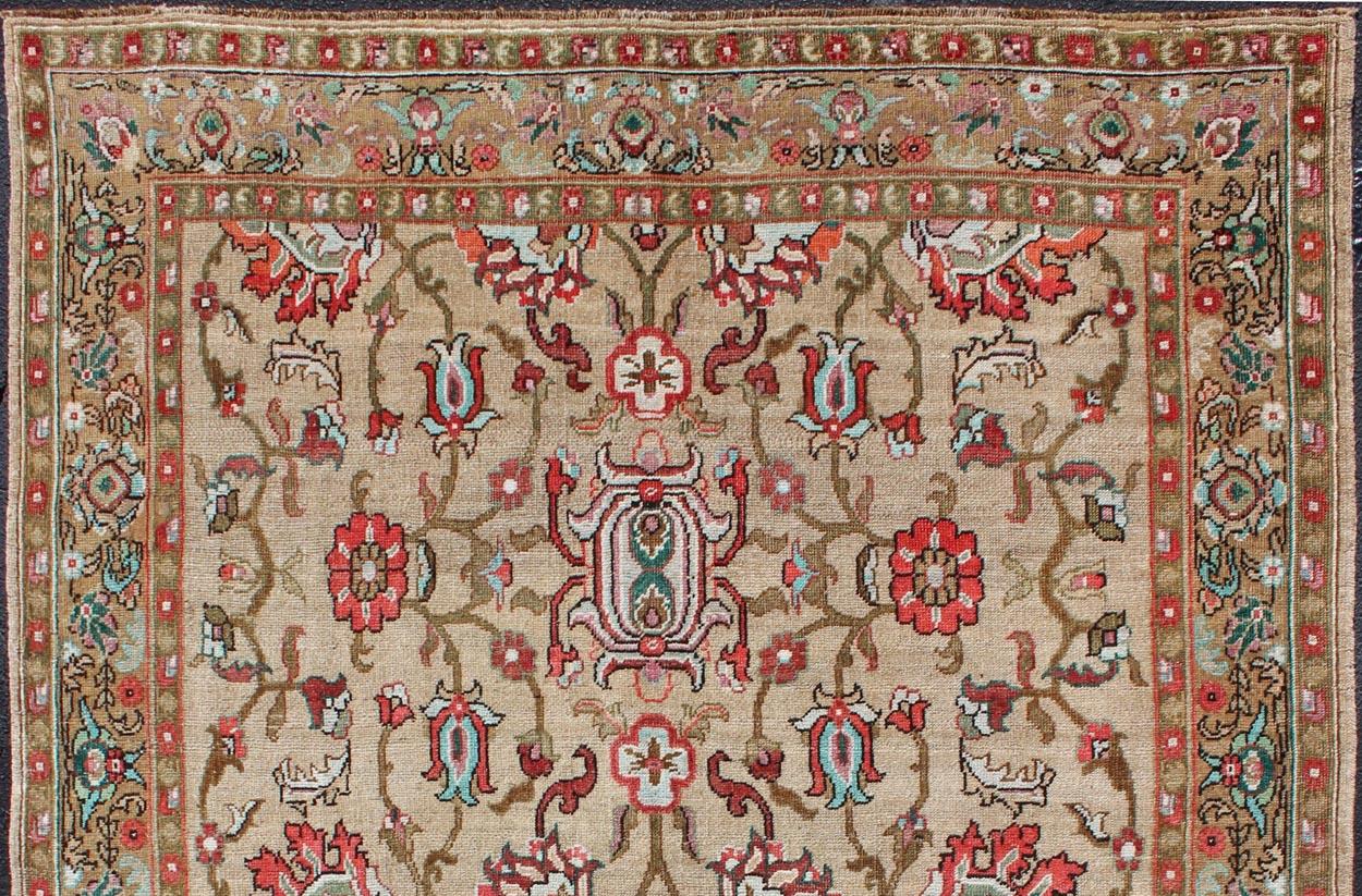 Vibrant and Unique All-Over Design Vintage Turkish Oushak Rug in Red and Tan In Good Condition For Sale In Atlanta, GA