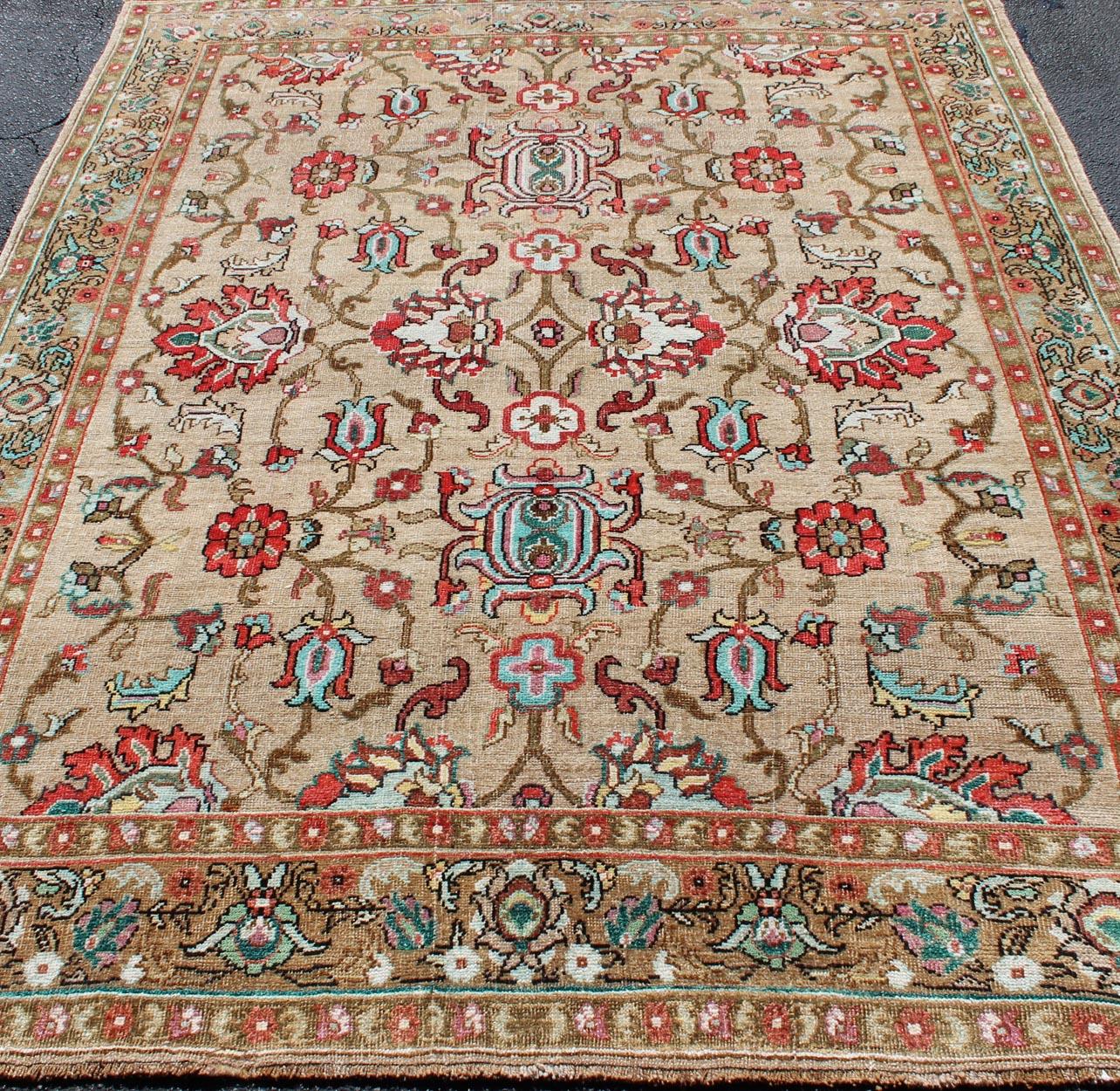 Wool Vibrant and Unique All-Over Design Vintage Turkish Oushak Rug in Red and Tan For Sale