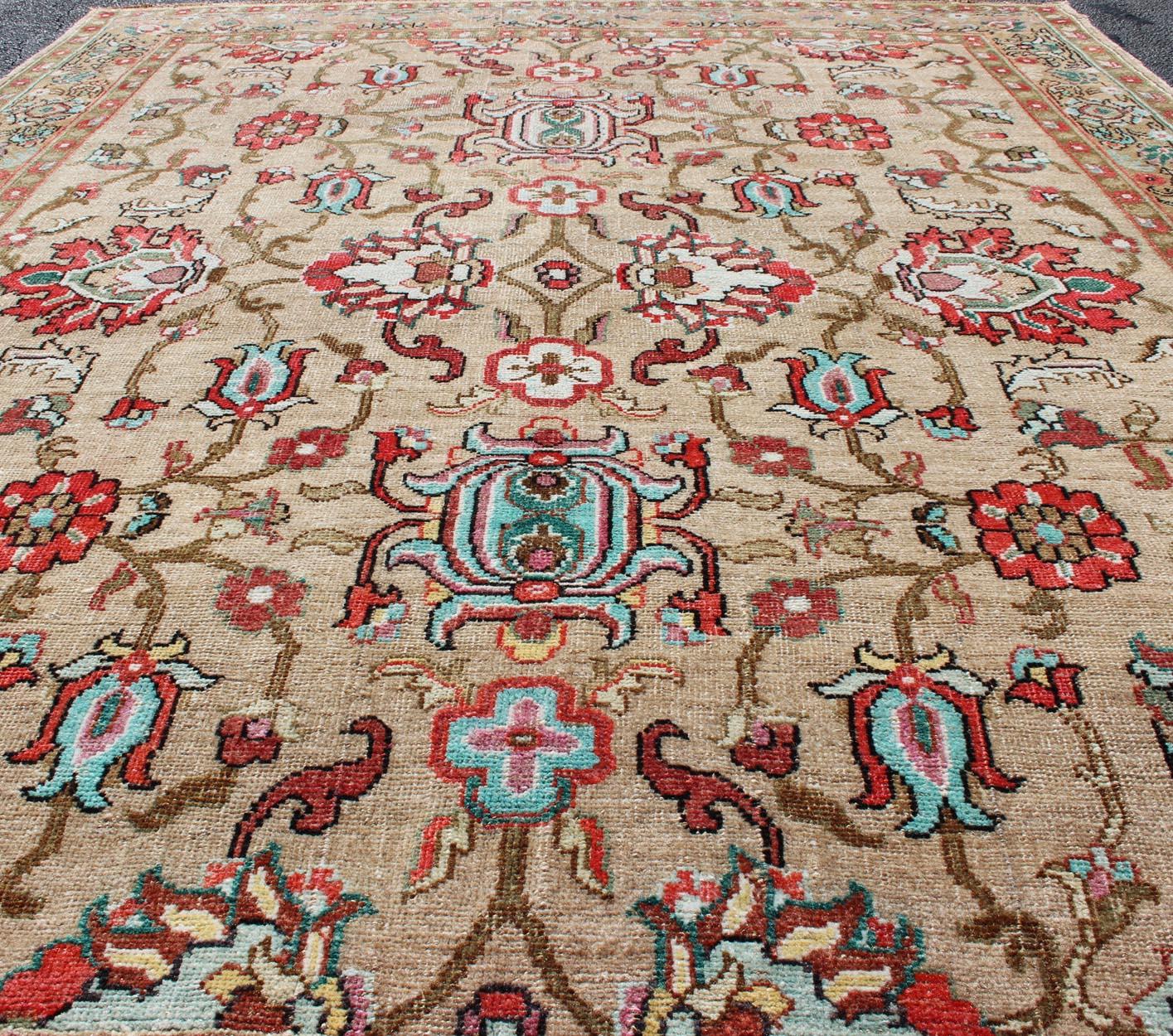 Vibrant and Unique All-Over Design Vintage Turkish Oushak Rug in Red and Tan For Sale 1