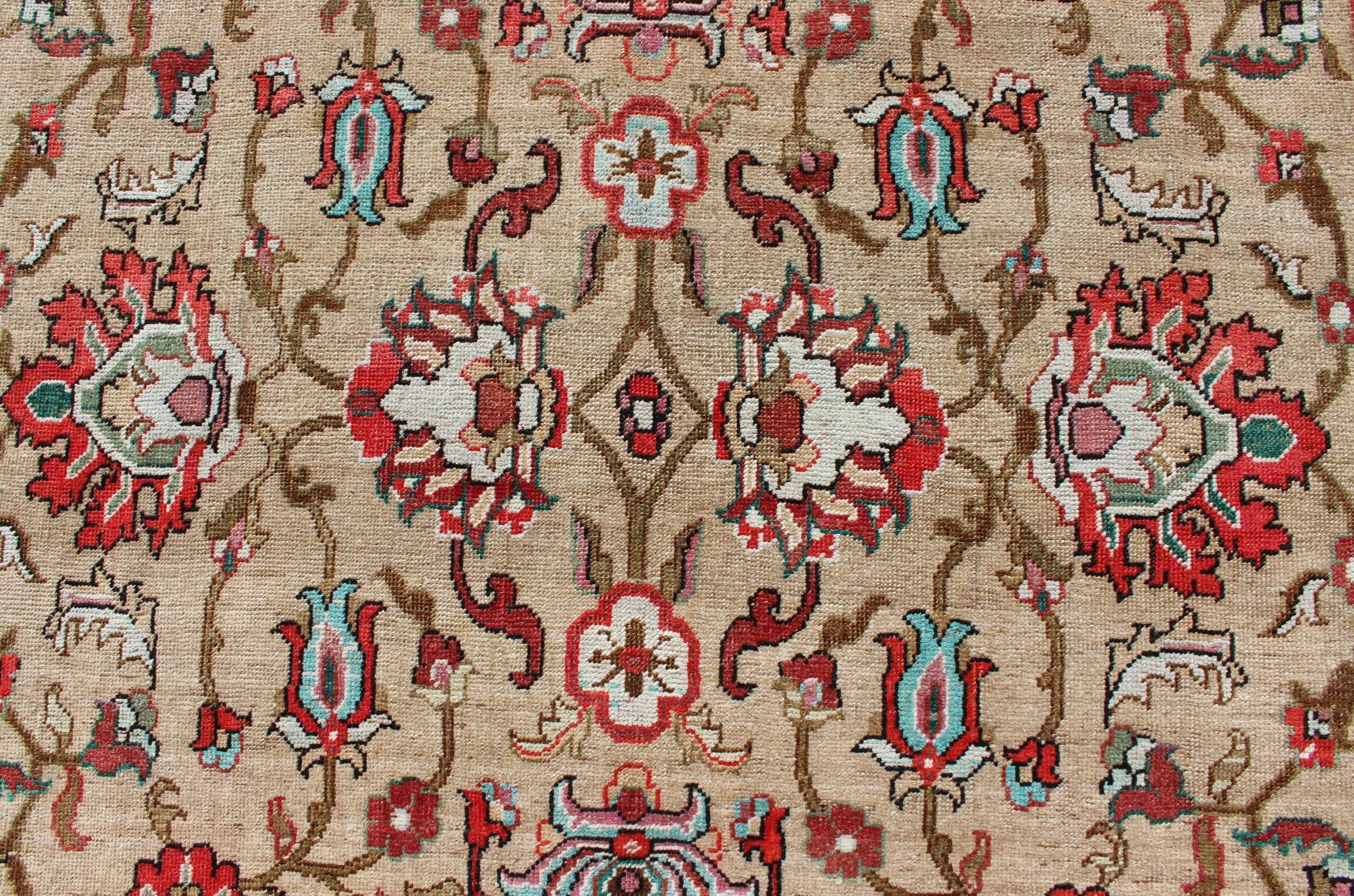 Vibrant and Unique All-Over Design Vintage Turkish Oushak Rug in Red and Tan For Sale 2