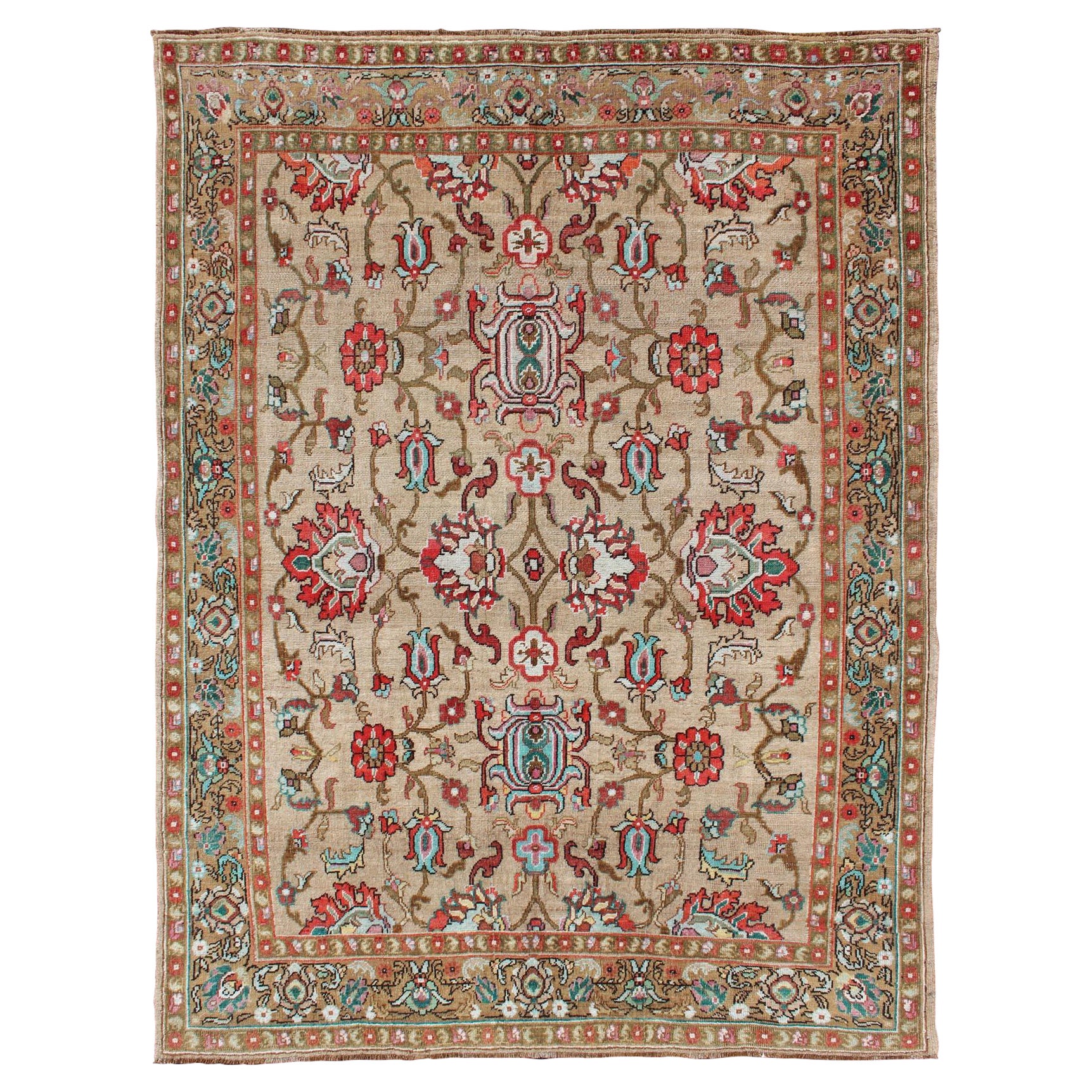 Alfombra Oushak Turca Vintage, Roja y Marrón, Vibrante y Única, de Diseño Integral