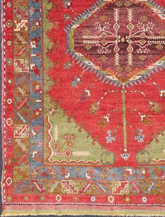 Antique Turkish Medallion Oushak Rug in Red, Green and Blue
