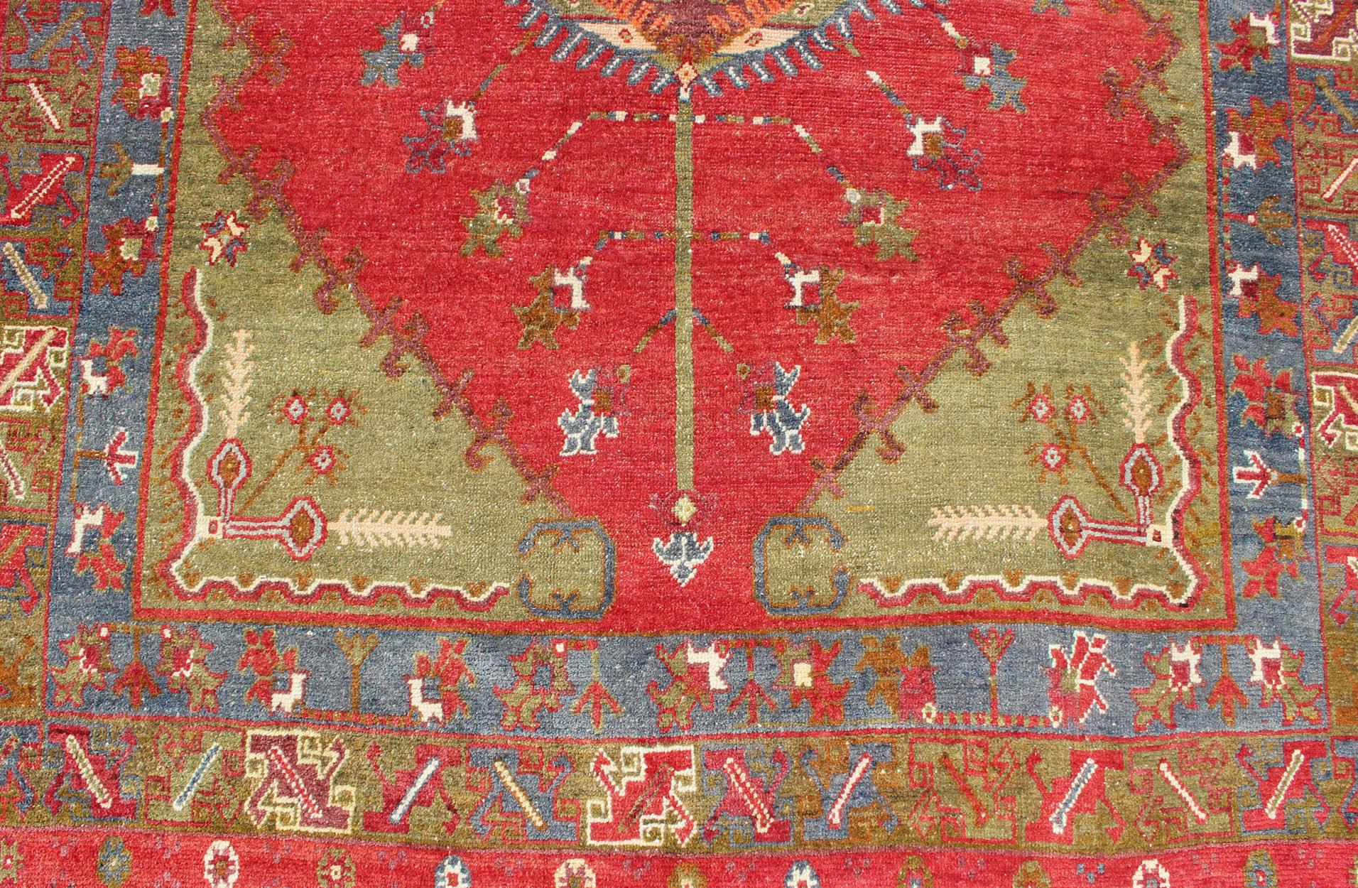 Antique Turkish Medallion Oushak Rug in Red, Green and Blue For Sale 1