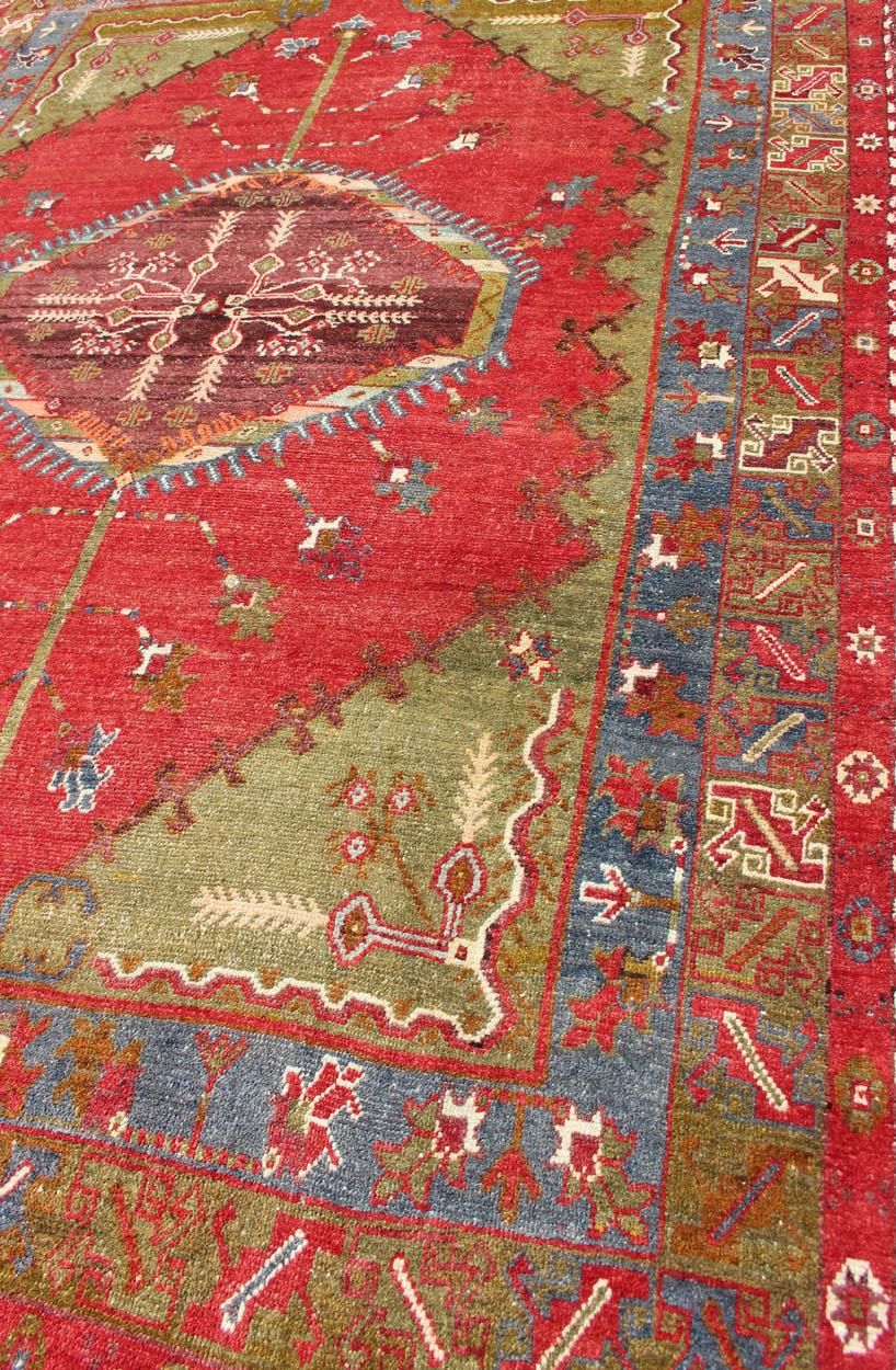 Antique Turkish Medallion Oushak Rug in Red, Green and Blue For Sale 3