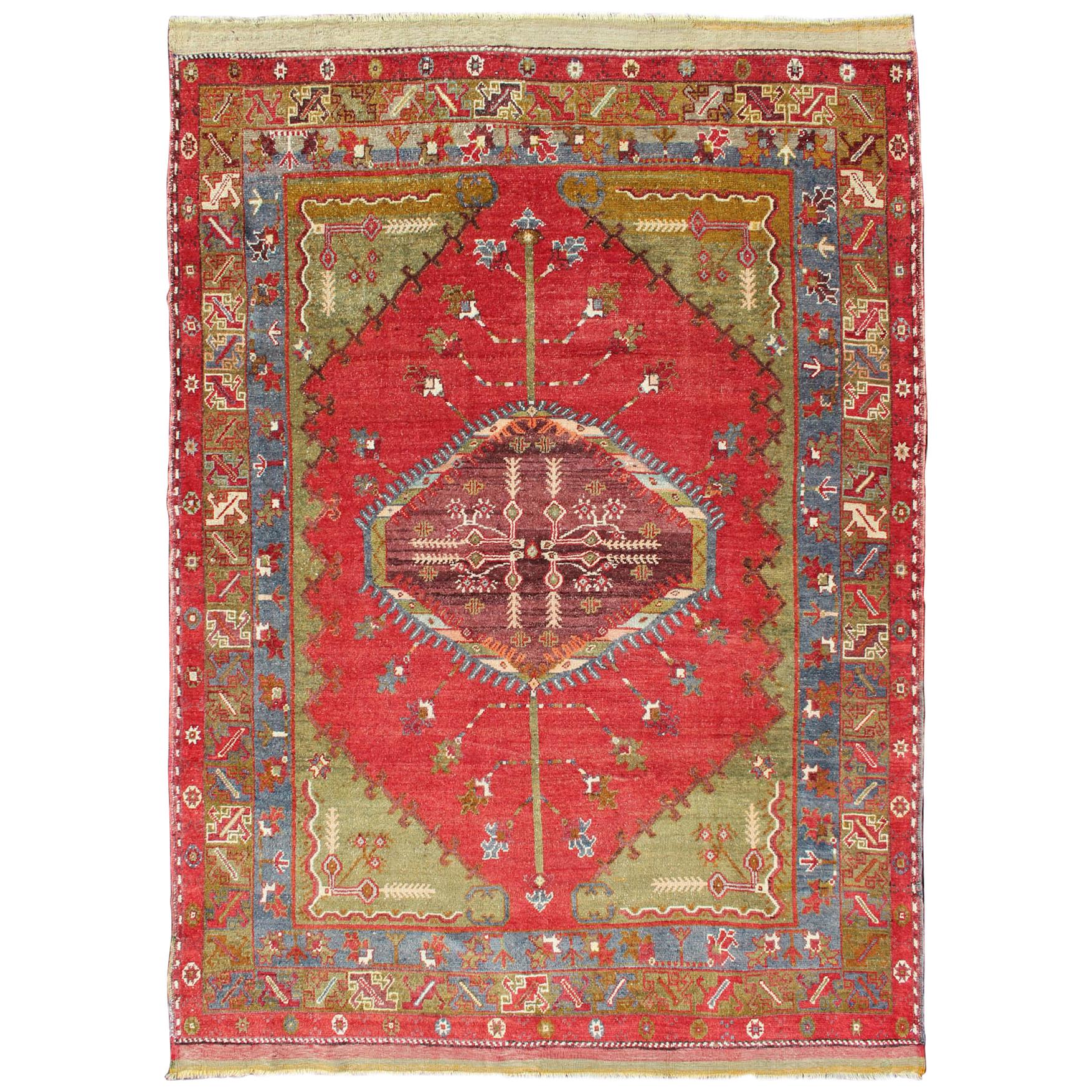 Antique Turkish Medallion Oushak Rug in Teal Green, Rose and Buttery