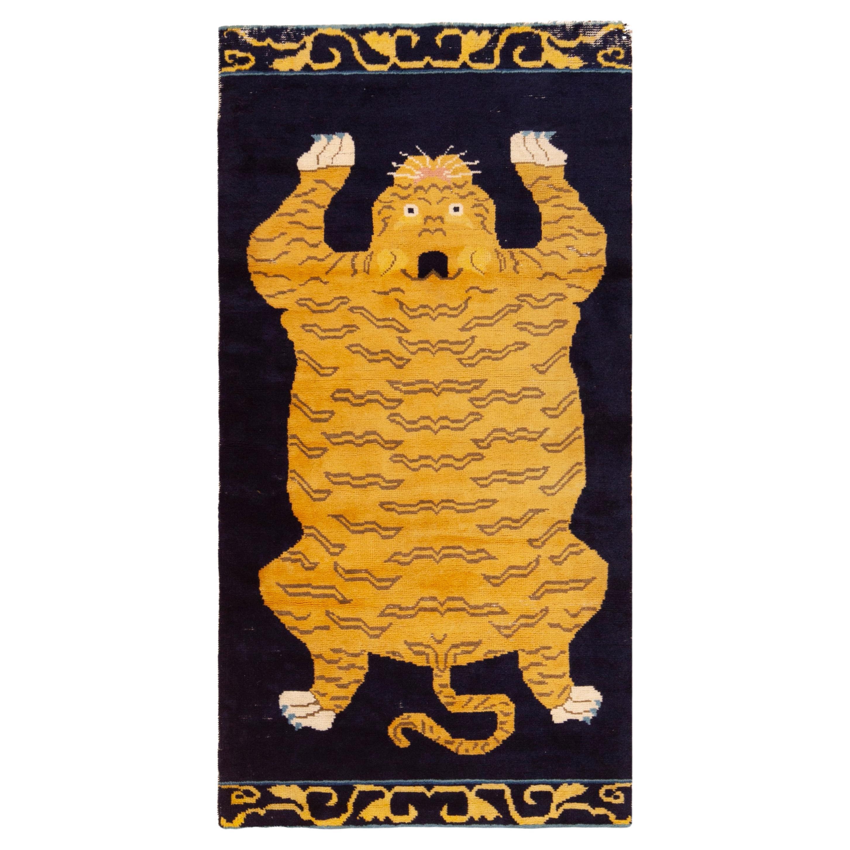 Vibrant Antique Bold Colors Chinese Tiger Rug 3'1" x 6' For Sale