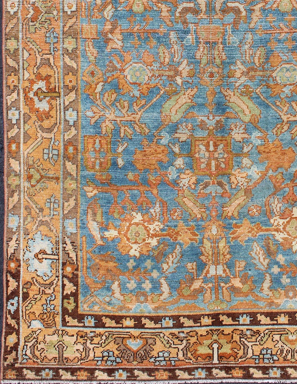 Botanical design Persian Malayer antique rug in blue, rust, and orange tones, rug sus-1807-238, country of origin / type: Iran / Malayer, circa 1920.

This beautiful antique early 20th century Persian Malayer carpet features a beautiful all-over