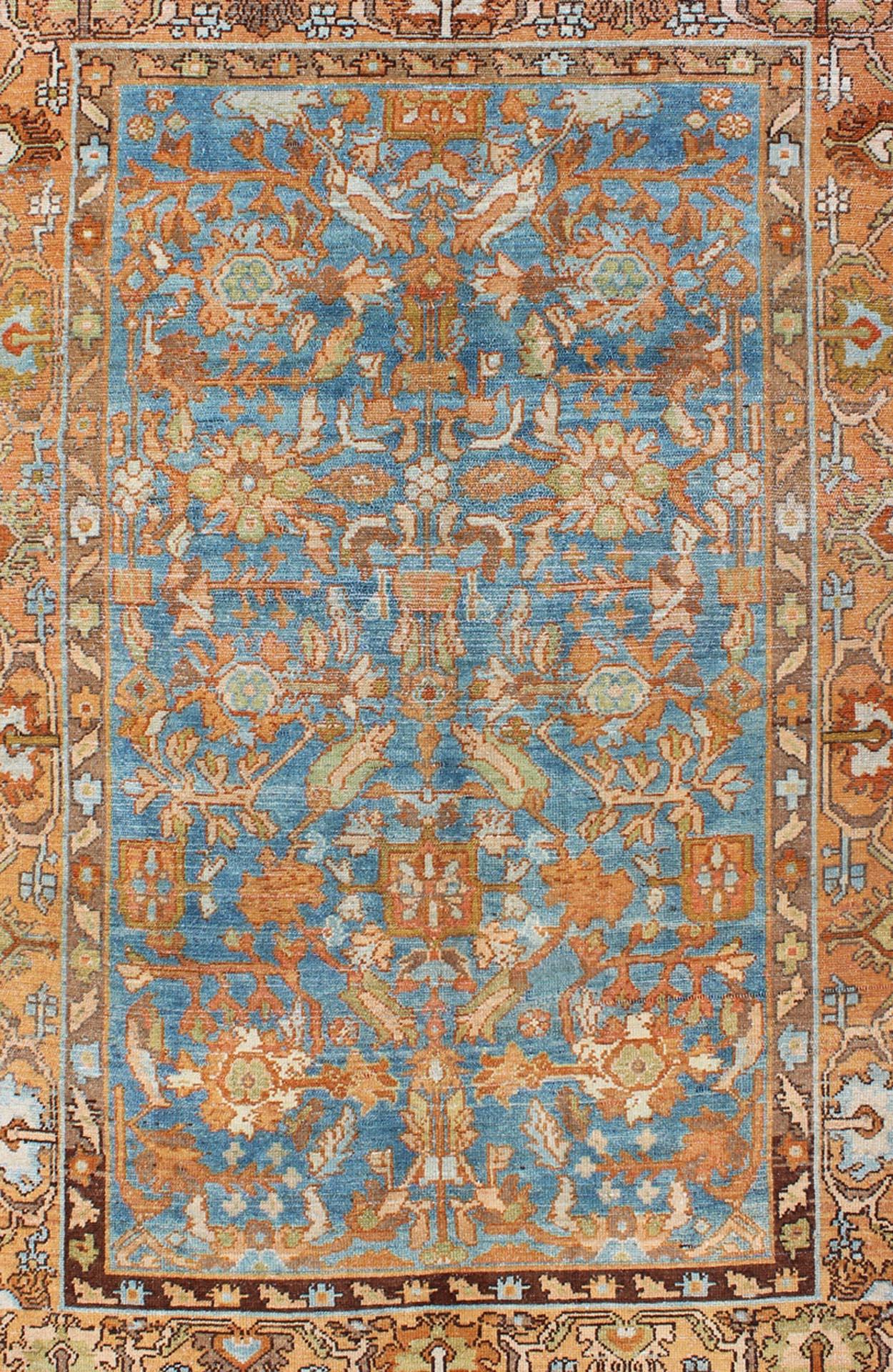 Hand-Knotted Vibrant Antique Persian Malayer Rug in Shades of Rust, Orange, and Blue For Sale