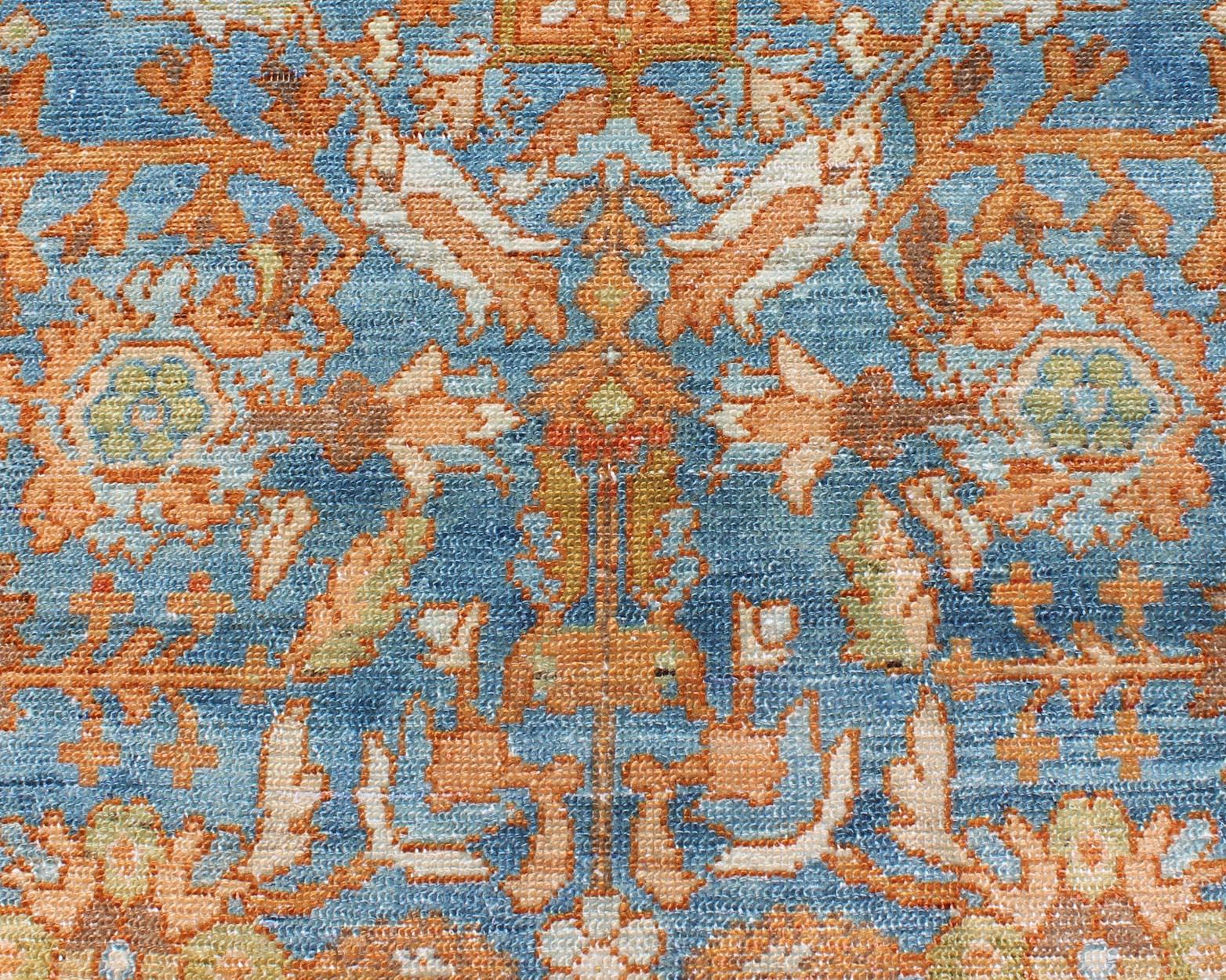 Vibrant Antique Persian Malayer Rug in Shades of Rust, Orange, and Blue For Sale 1