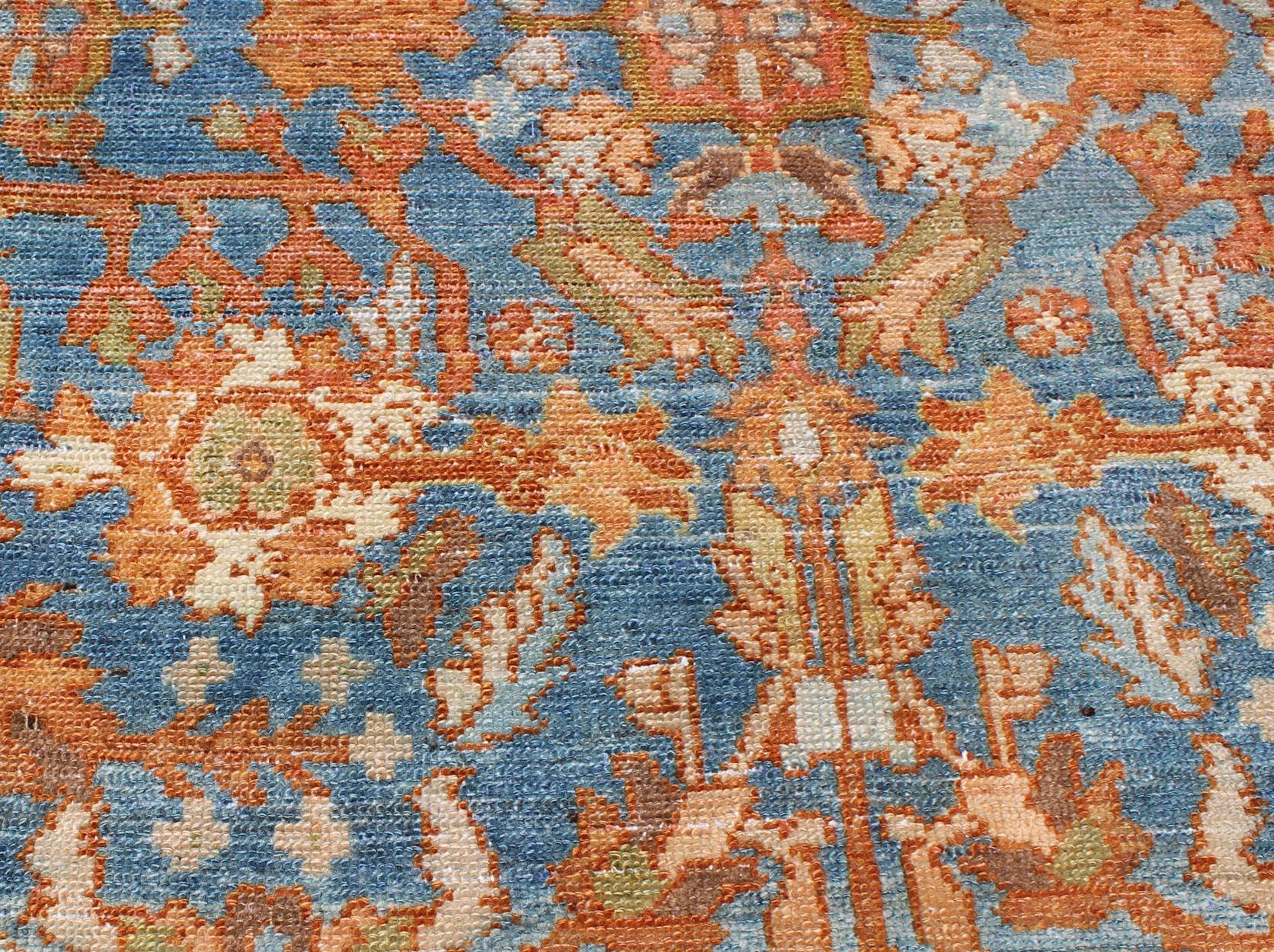 Vibrant Antique Persian Malayer Rug in Shades of Rust, Orange, and Blue For Sale 2