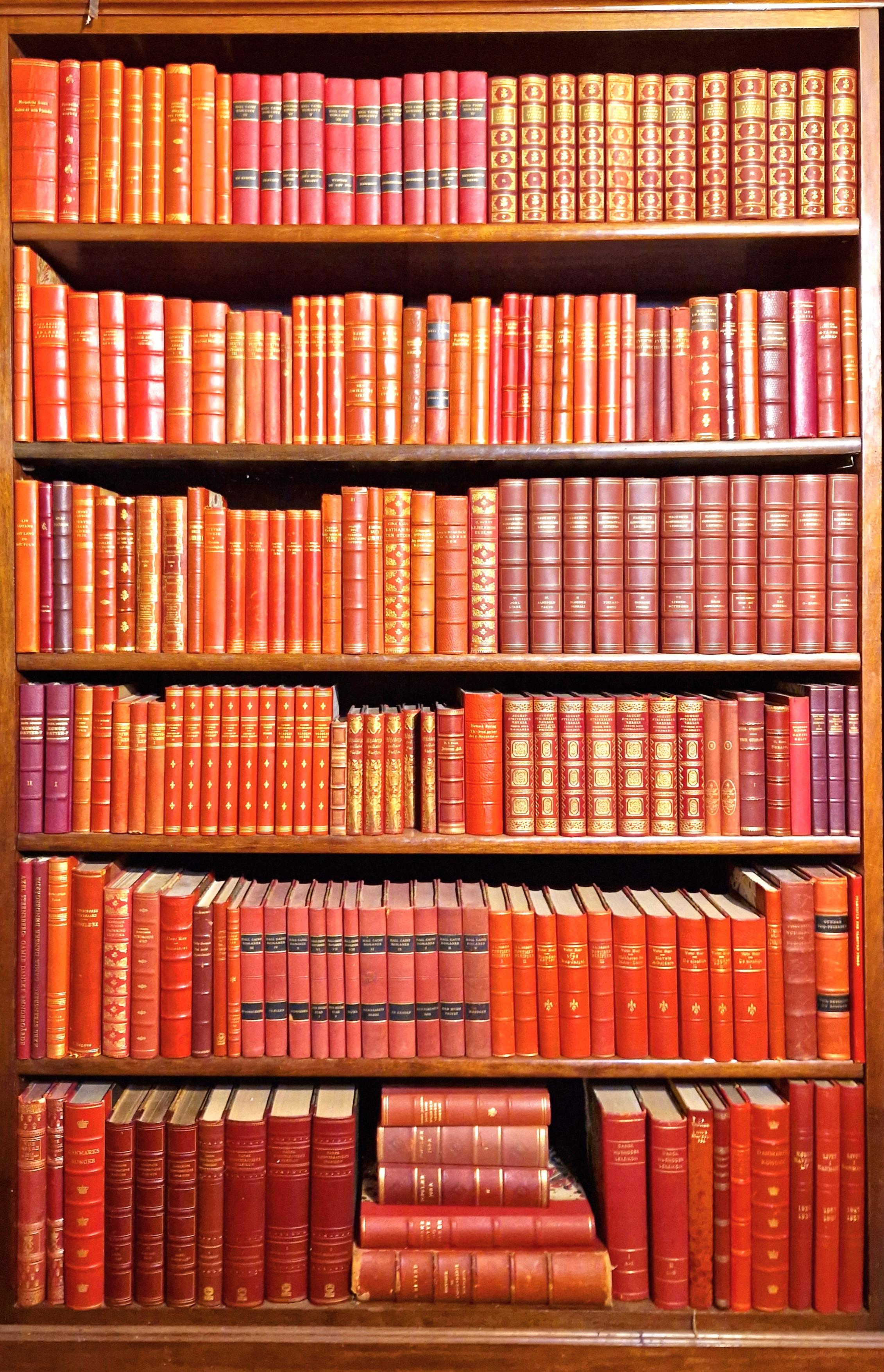Danish Vibrant Antique Red Leatherbound Book Collection For Sale