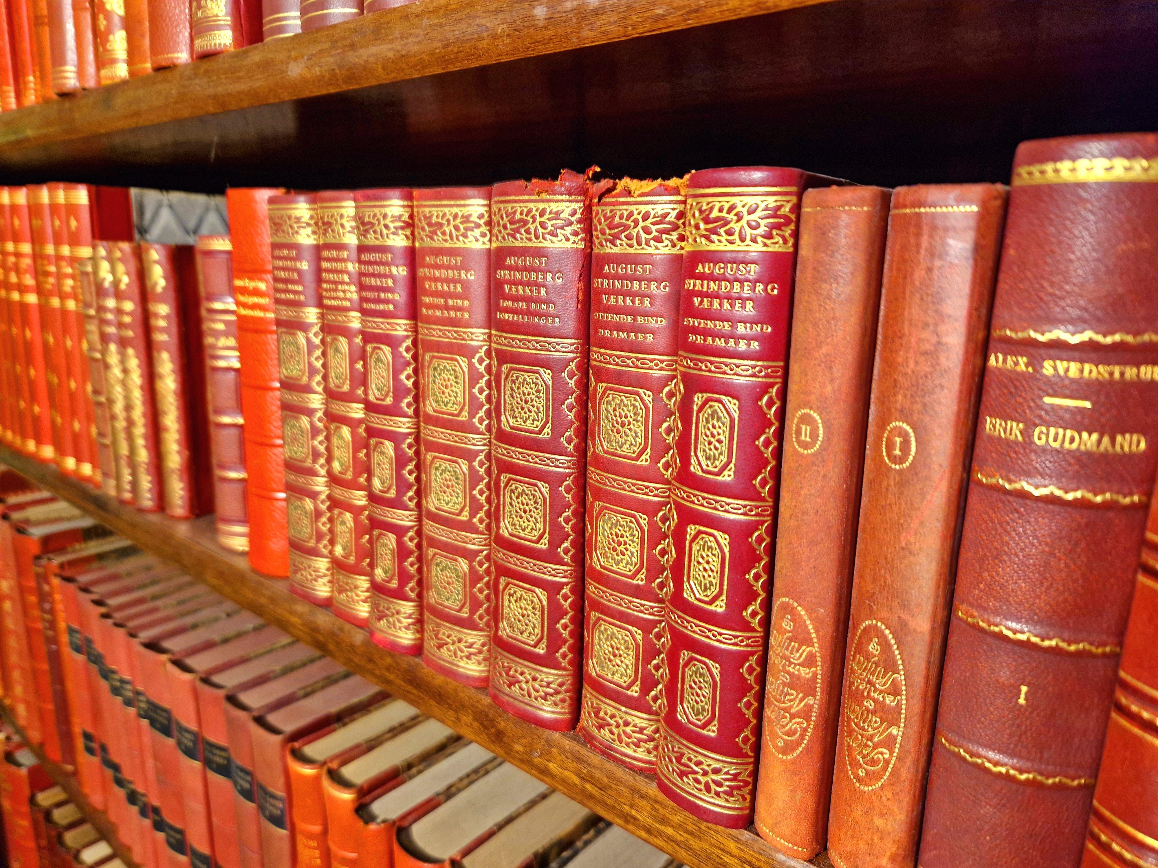 Vibrant Antique Red Leatherbound Book Collection For Sale 1