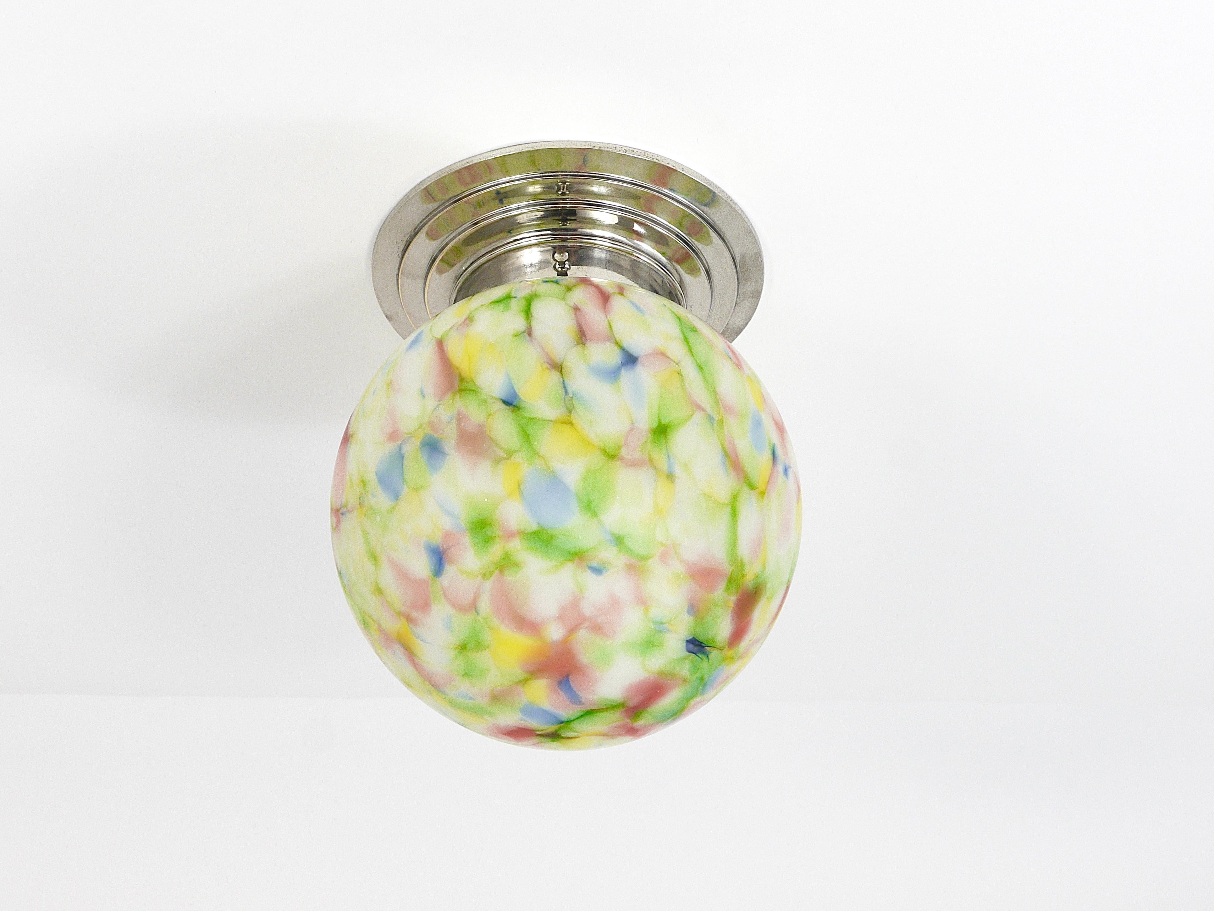 Vibrant Art Deco Ceiling Lamp Flush Mount, Marble Glass Globe, Germany, 1930s 5