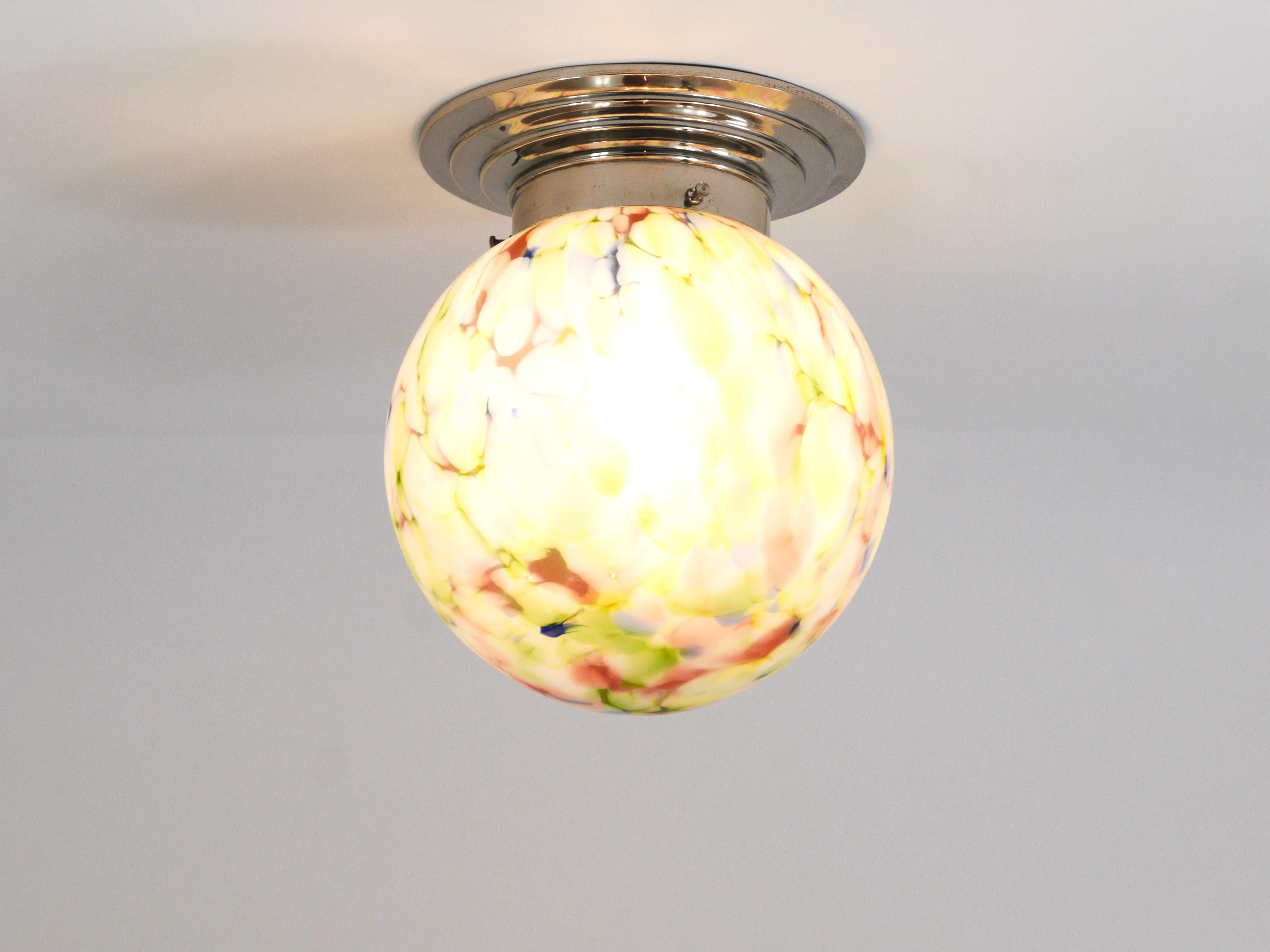 Vibrant Art Deco Ceiling Lamp Flush Mount, Marble Glass Globe, Germany, 1930s In Good Condition In Vienna, AT