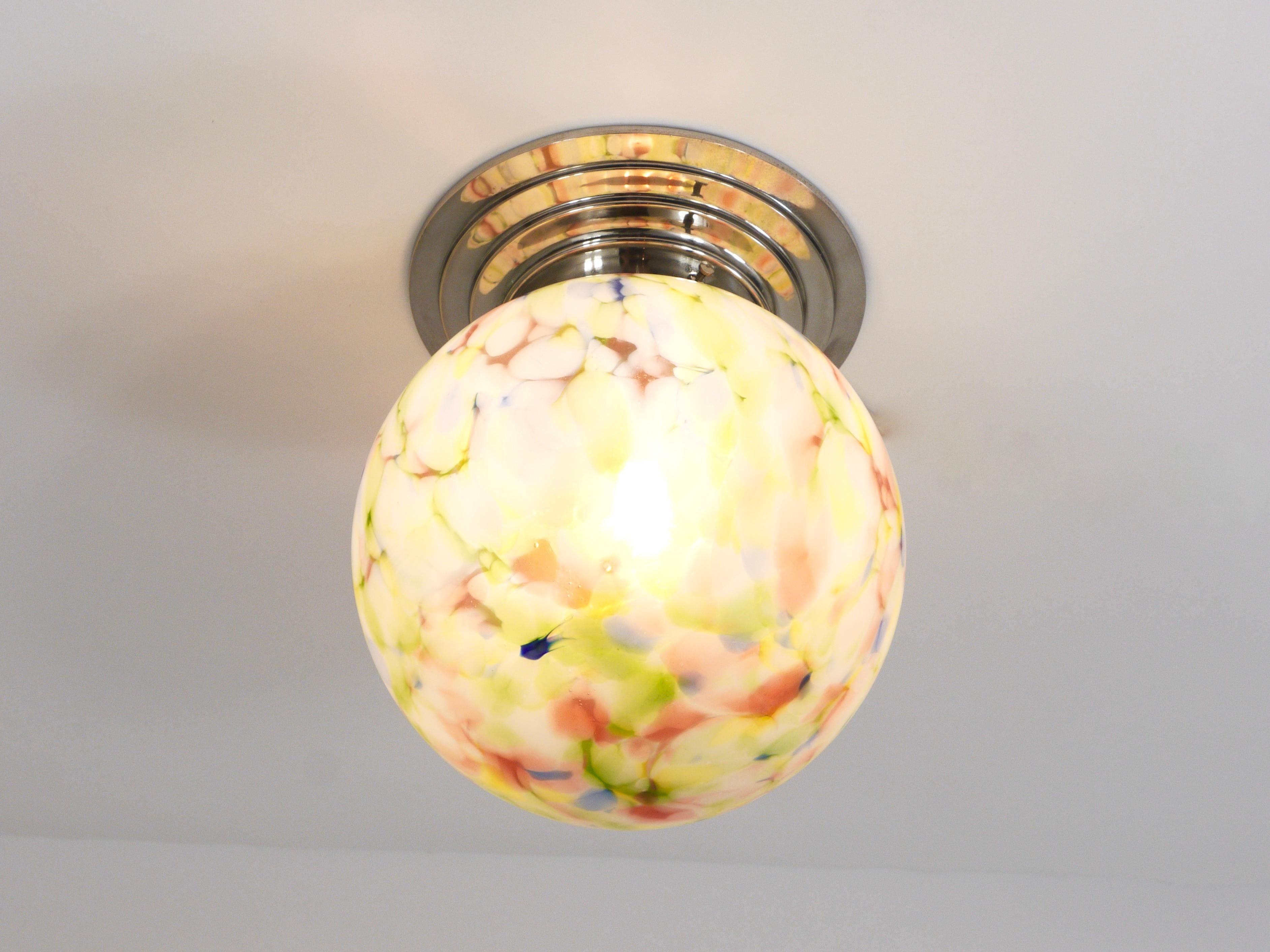 Brass Vibrant Art Deco Ceiling Lamp Flush Mount, Marble Glass Globe, Germany, 1930s