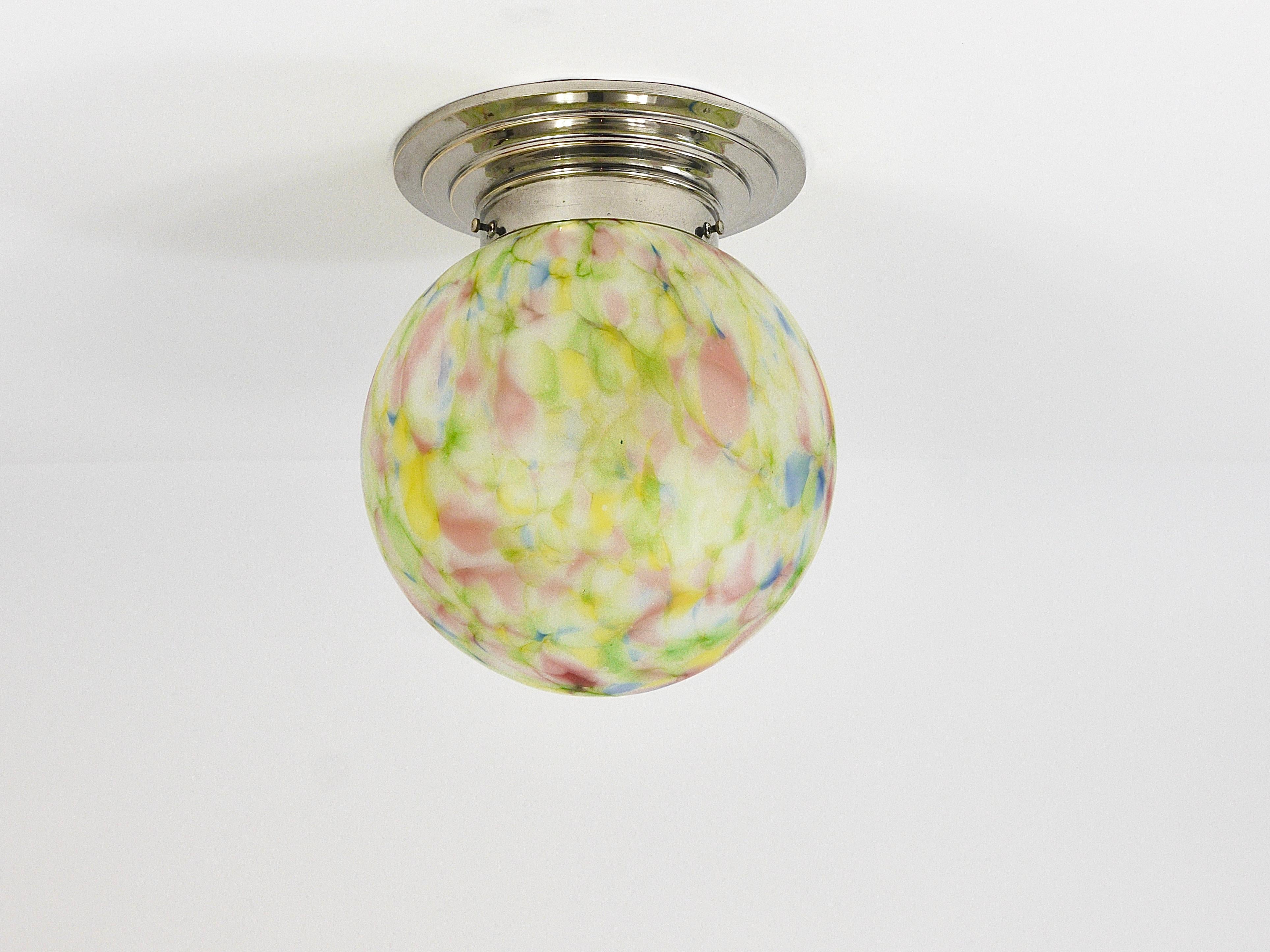 Vibrant Art Deco Ceiling Lamp Flush Mount, Marble Glass Globe, Germany, 1930s 1