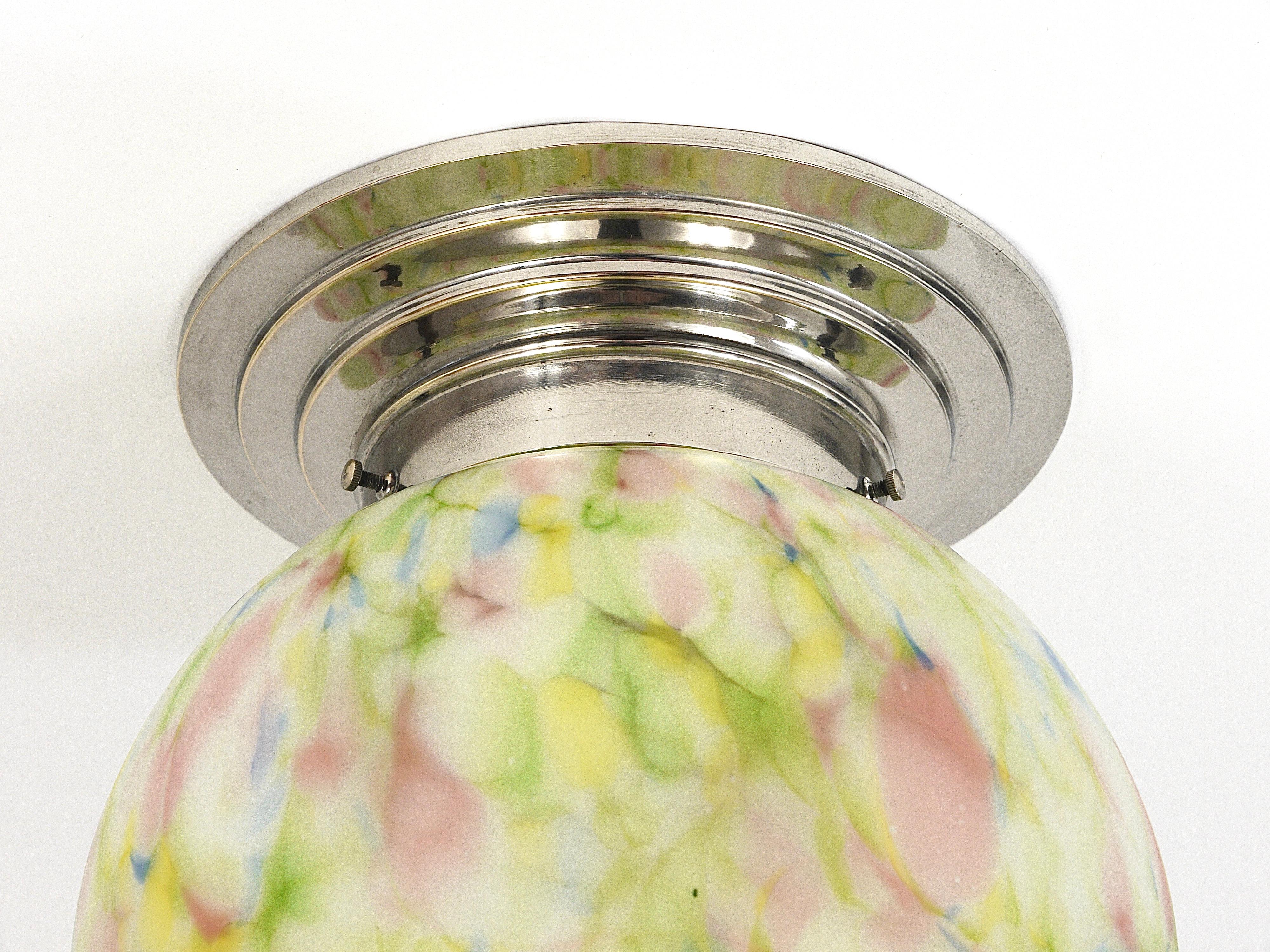 Vibrant Art Deco Ceiling Lamp Flush Mount, Marble Glass Globe, Germany, 1930s 2