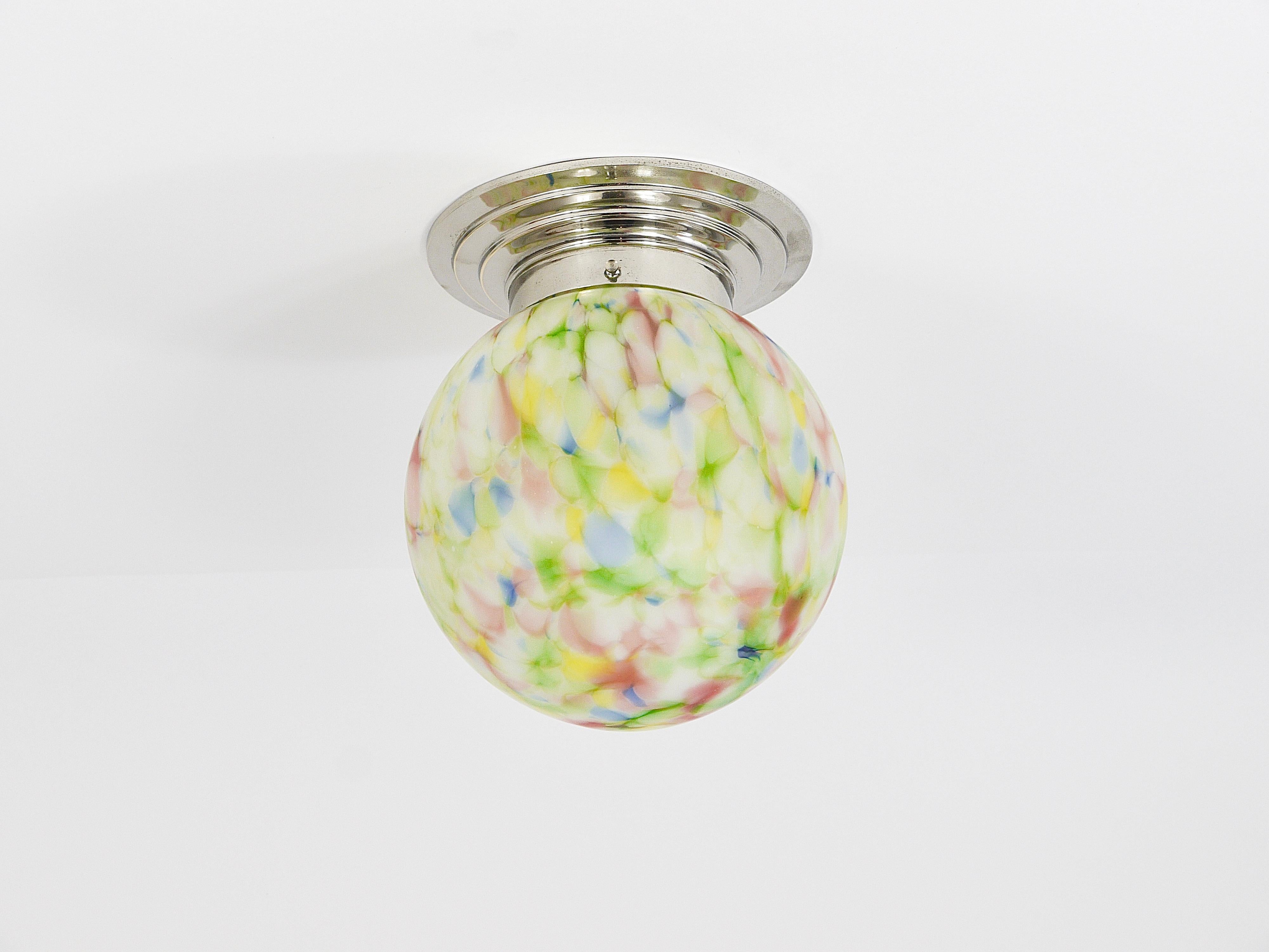 Vibrant Art Deco Ceiling Lamp Flush Mount, Marble Glass Globe, Germany, 1930s 3