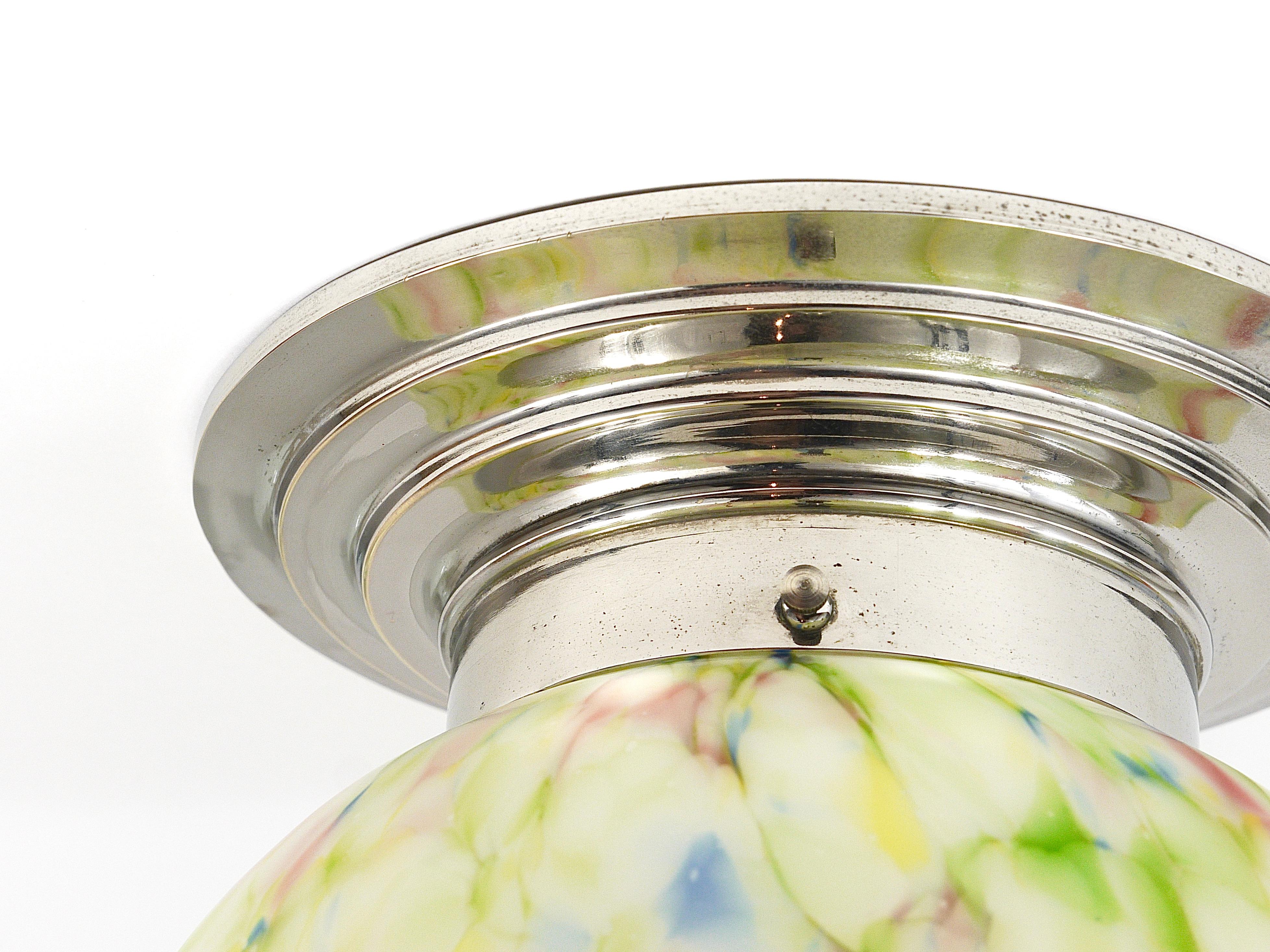 Vibrant Art Deco Ceiling Lamp Flush Mount, Marble Glass Globe, Germany, 1930s 4