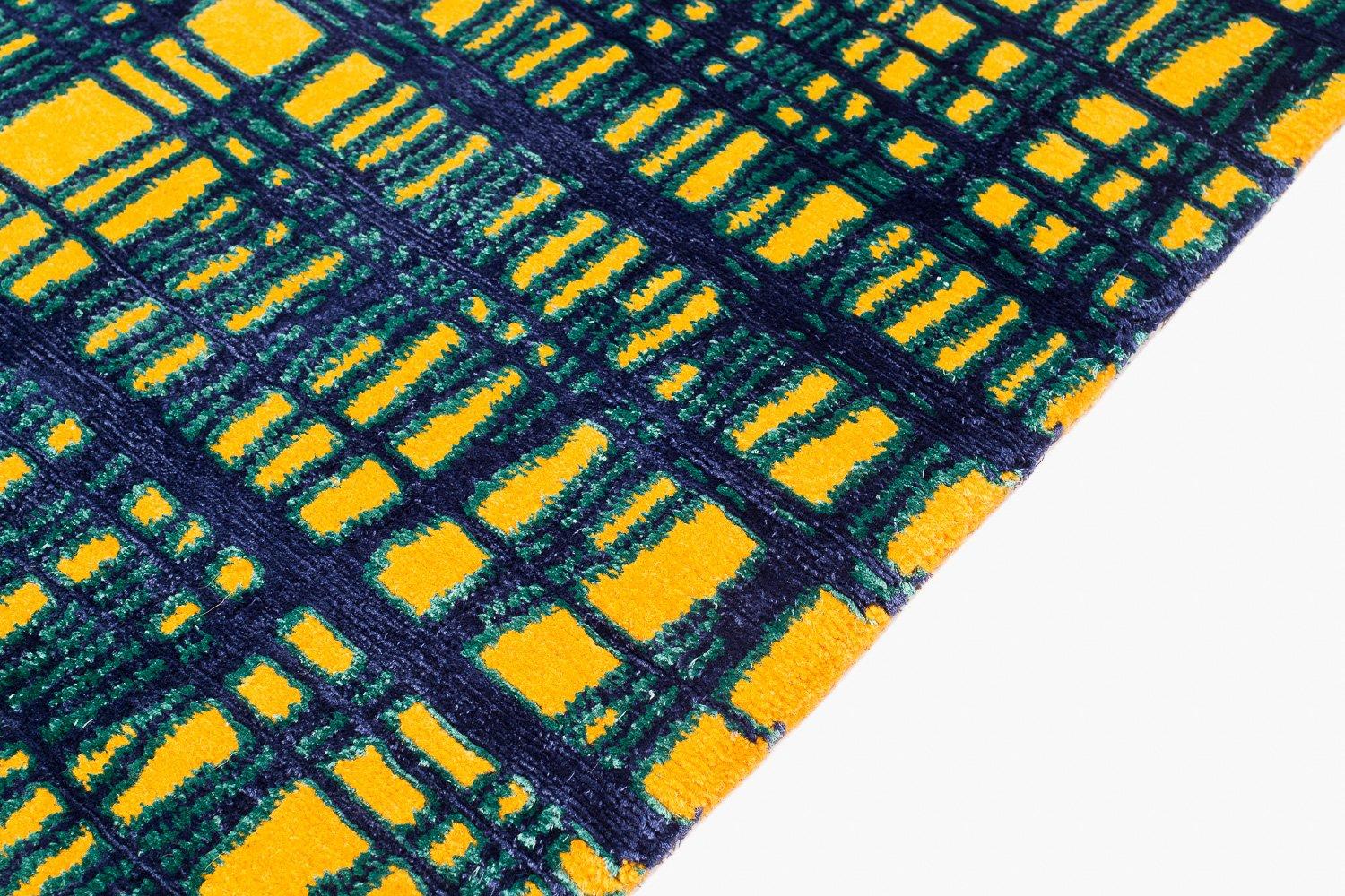 Nepalese Vibrant Blue and Yellow Graphic Geometric Rug Woven in Wool and Silk For Sale