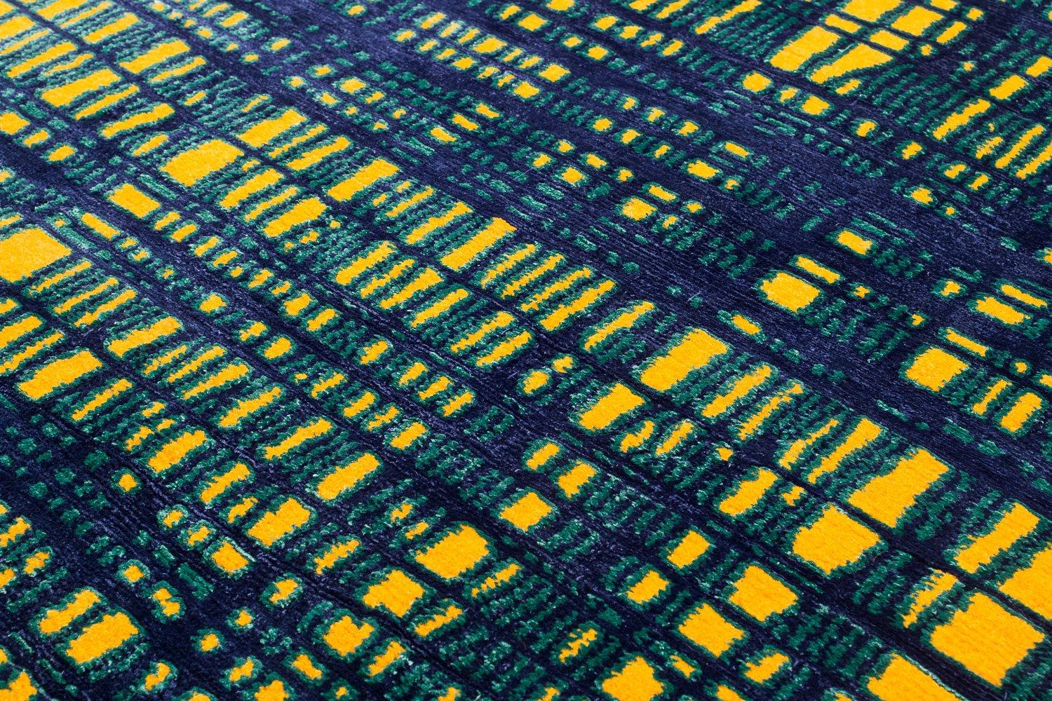 Hand-Woven Vibrant Blue and Yellow Graphic Geometric Rug Woven in Wool and Silk For Sale
