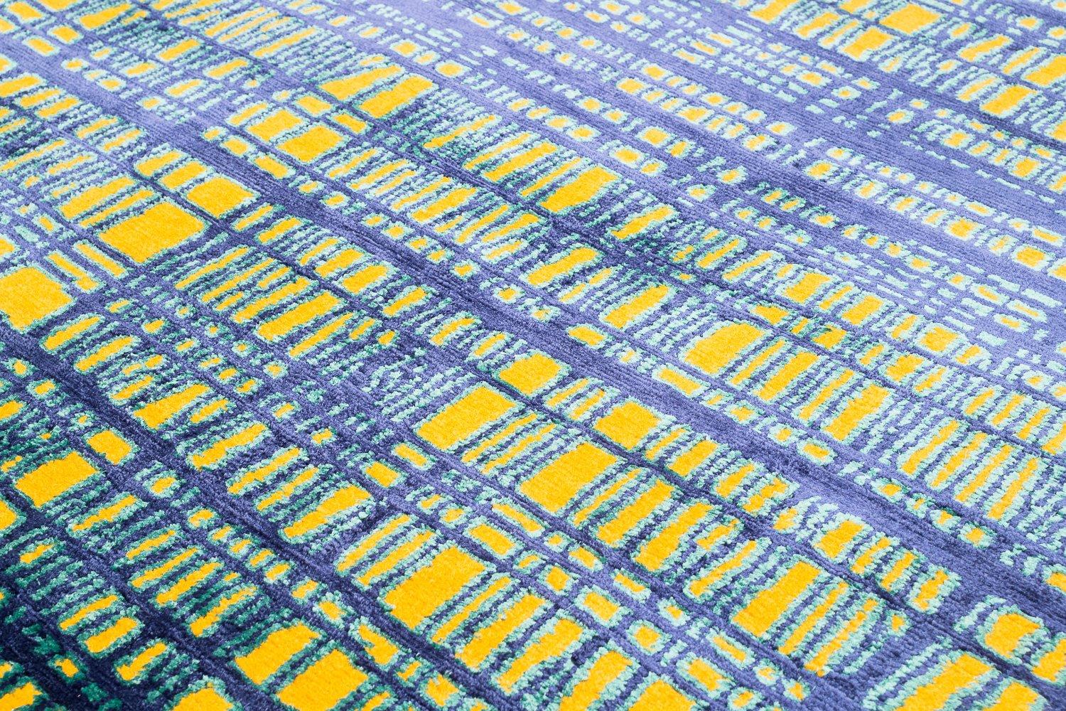 Vibrant Blue and Yellow Graphic Geometric Rug Woven in Wool and Silk In New Condition For Sale In New York, NY