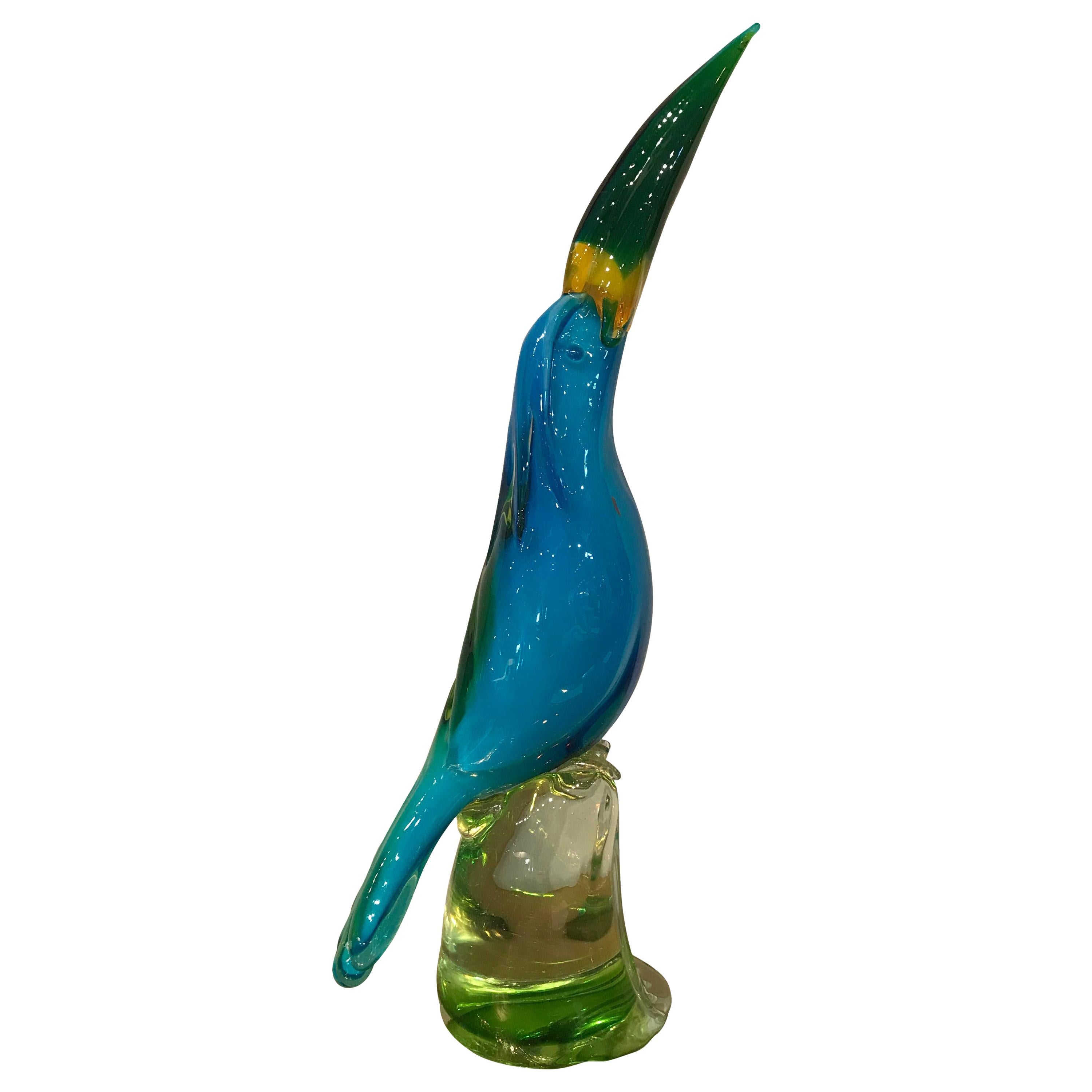 Vibrant Blue and Yellow Murano Glass Figure of a Toucan