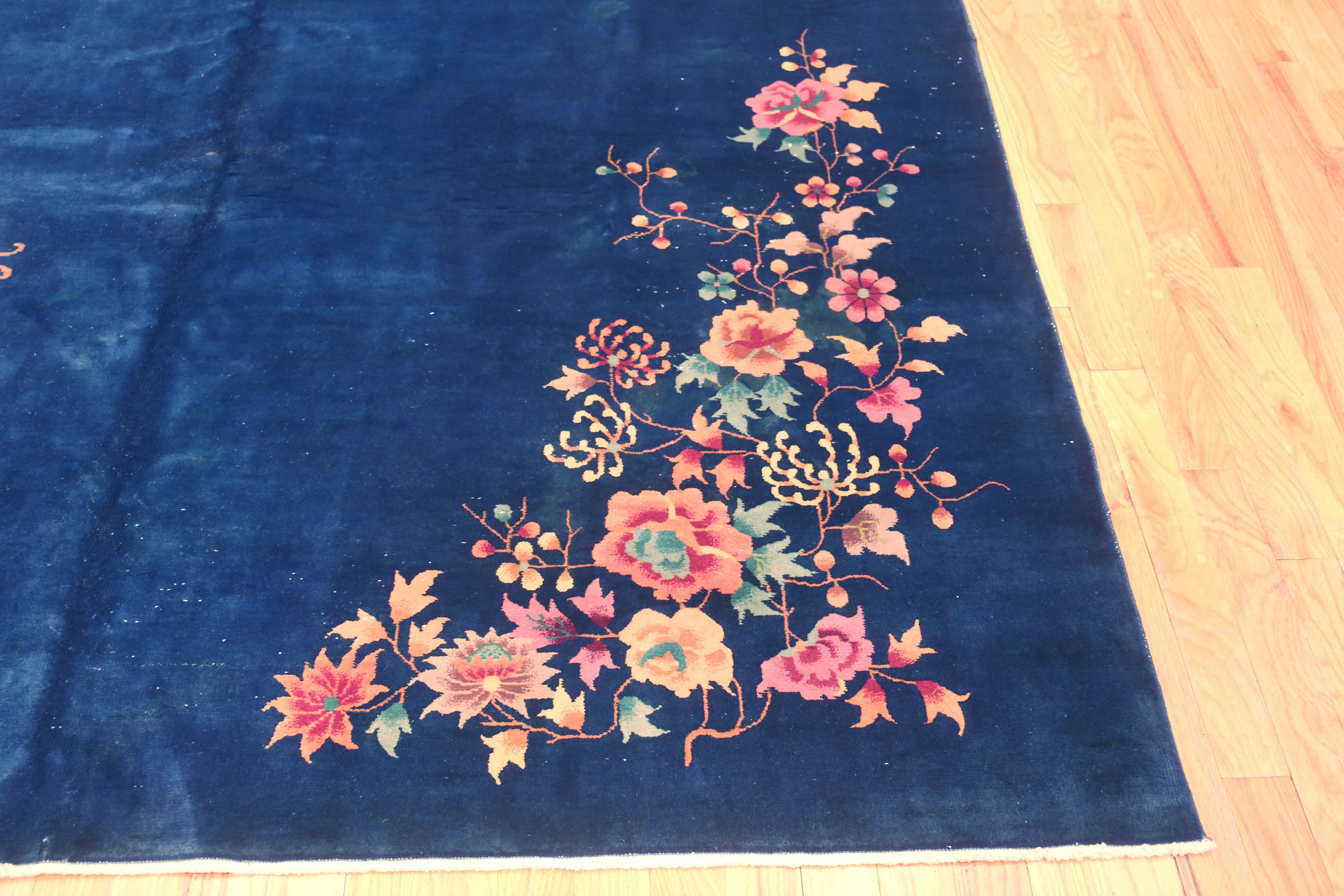 Hand-Knotted Vibrant Blue Antique Art Deco Chinese Floral Area Rug 8'7