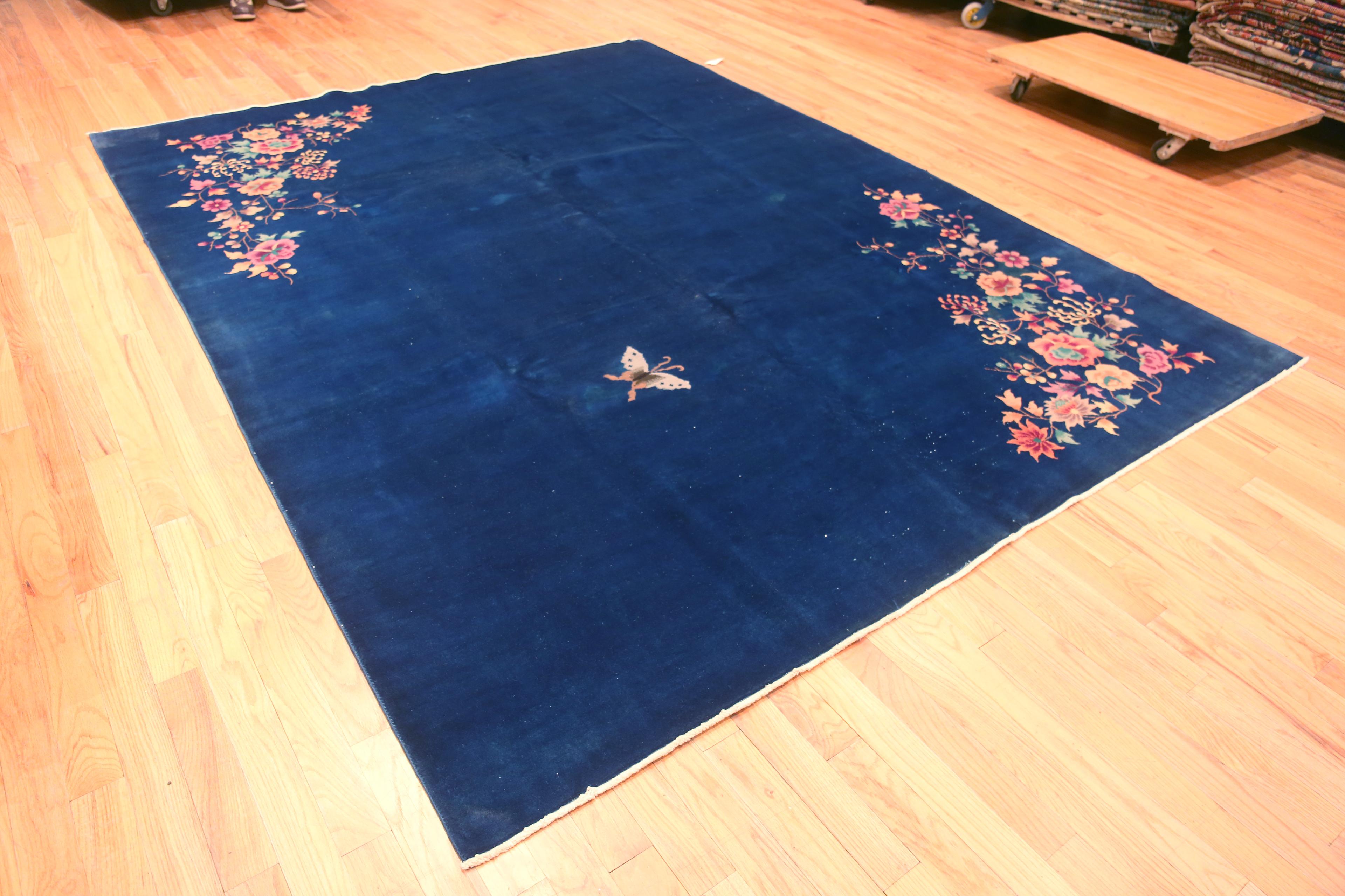 Wool Vibrant Blue Antique Art Deco Chinese Floral Area Rug 8'7